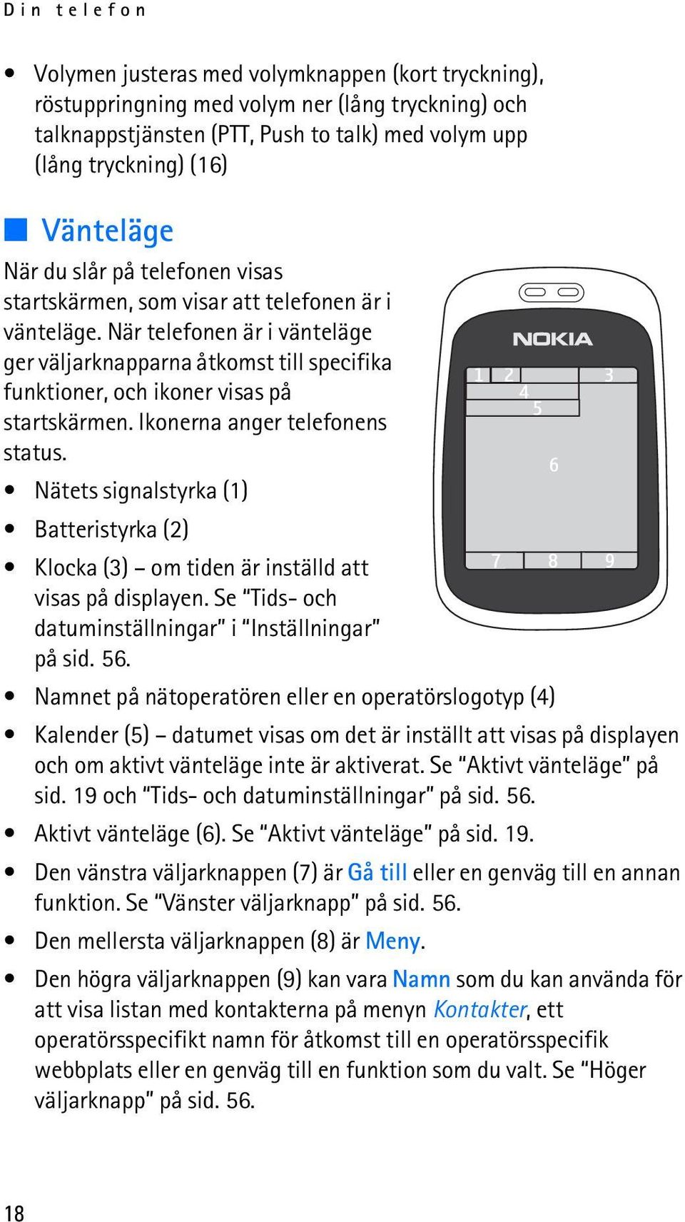 När telefonen är i vänteläge ger väljarknapparna åtkomst till specifika funktioner, och ikoner visas på startskärmen. Ikonerna anger telefonens status.