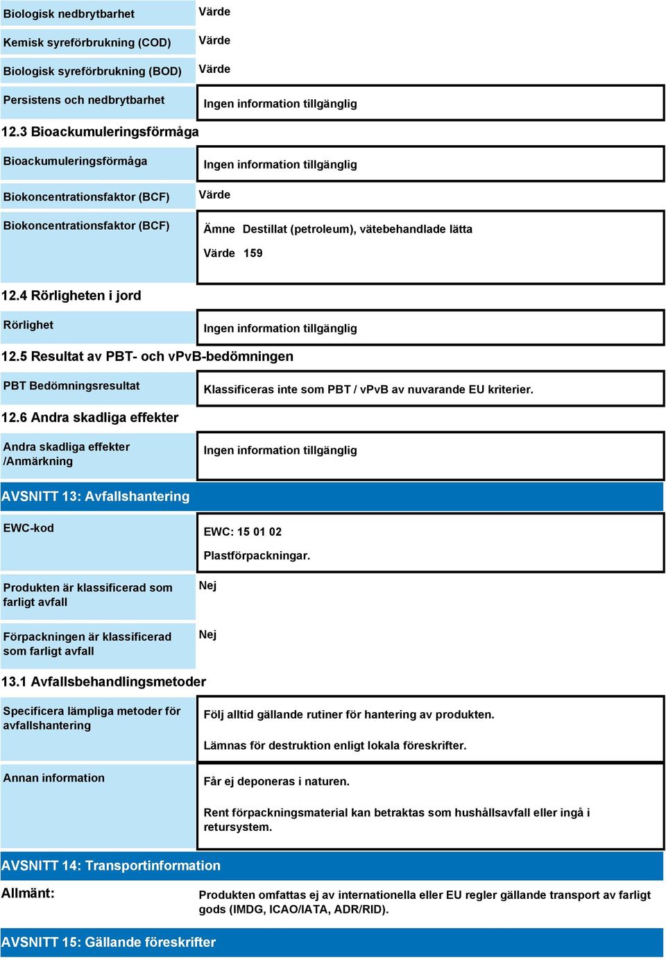 4 Rörligheten i jord Rörlighet 12.5 Resultat av PBT- och vpvb-bedömningen PBT Bedömningsresultat Klassificeras inte som PBT / vpvb av nuvarande EU kriterier. 12.6 Andra skadliga effekter Andra skadliga effekter /Anmärkning AVSNITT 13: Avfallshantering EWC-kod EWC: 15 01 02 Plastförpackningar.