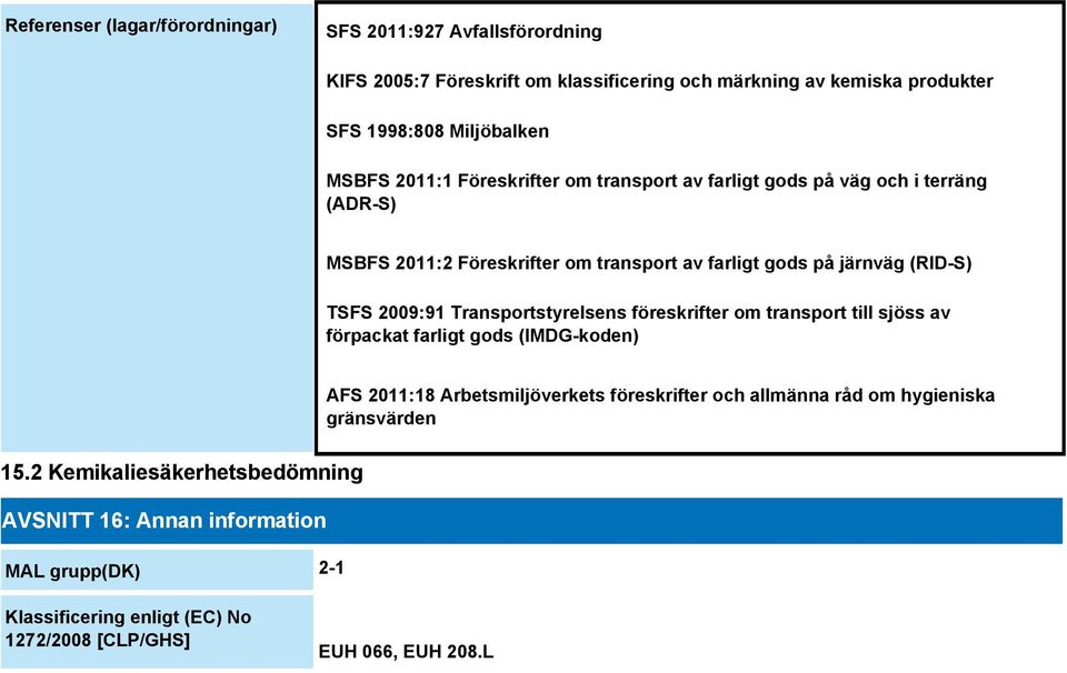 2009:91 Transportstyrelsens föreskrifter om transport till sjöss av förpackat farligt gods (IMDG-koden) AFS 2011:18 Arbetsmiljöverkets föreskrifter och allmänna råd