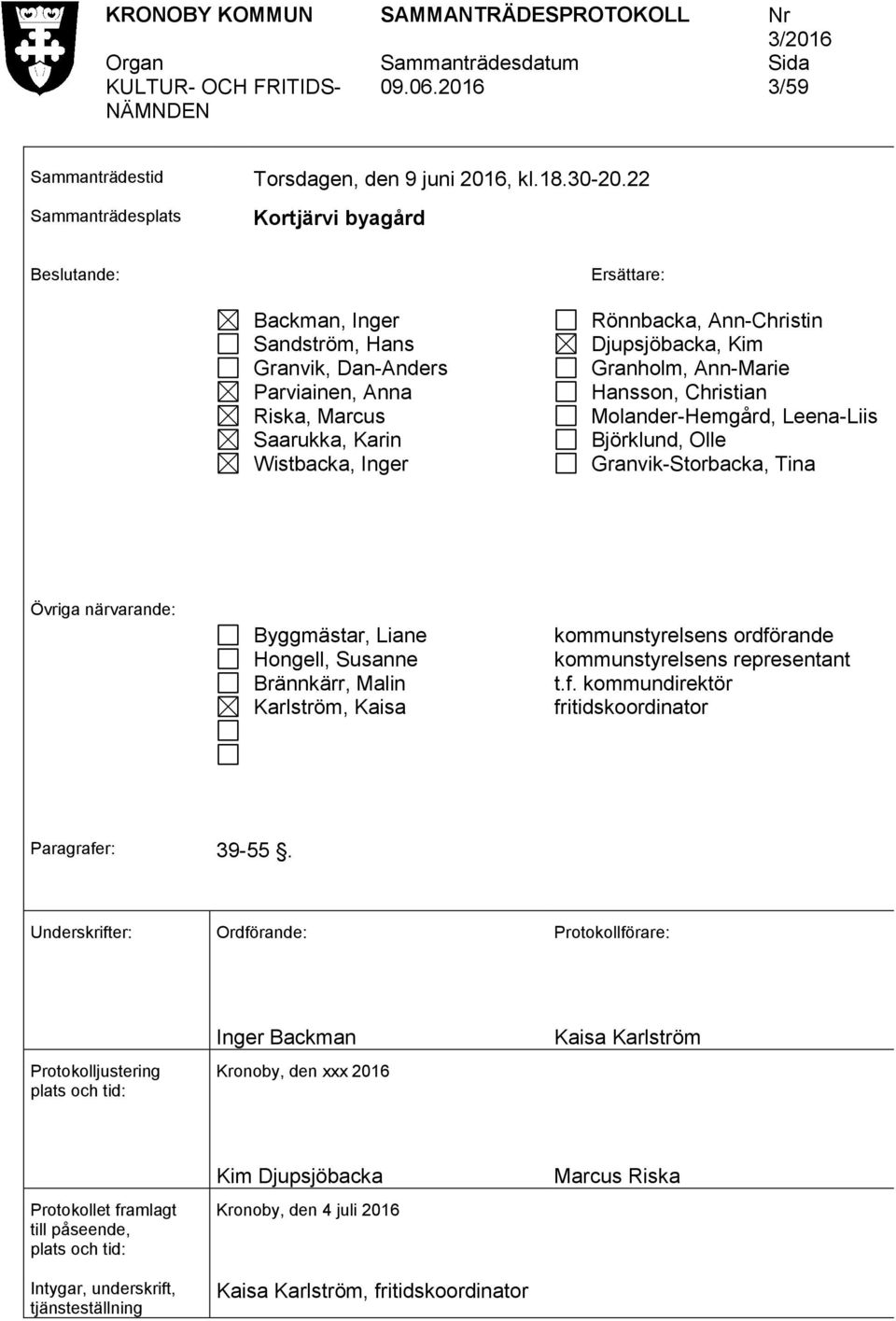 Kim Granholm, Ann-Marie Hansson, Christian Molander-Hemgård, Leena-Liis Björklund, Olle Granvik-Storbacka, Tina Övriga närvarande: Byggmästar, Liane Hongell, Susanne Brännkärr, Malin Karlström, Kaisa