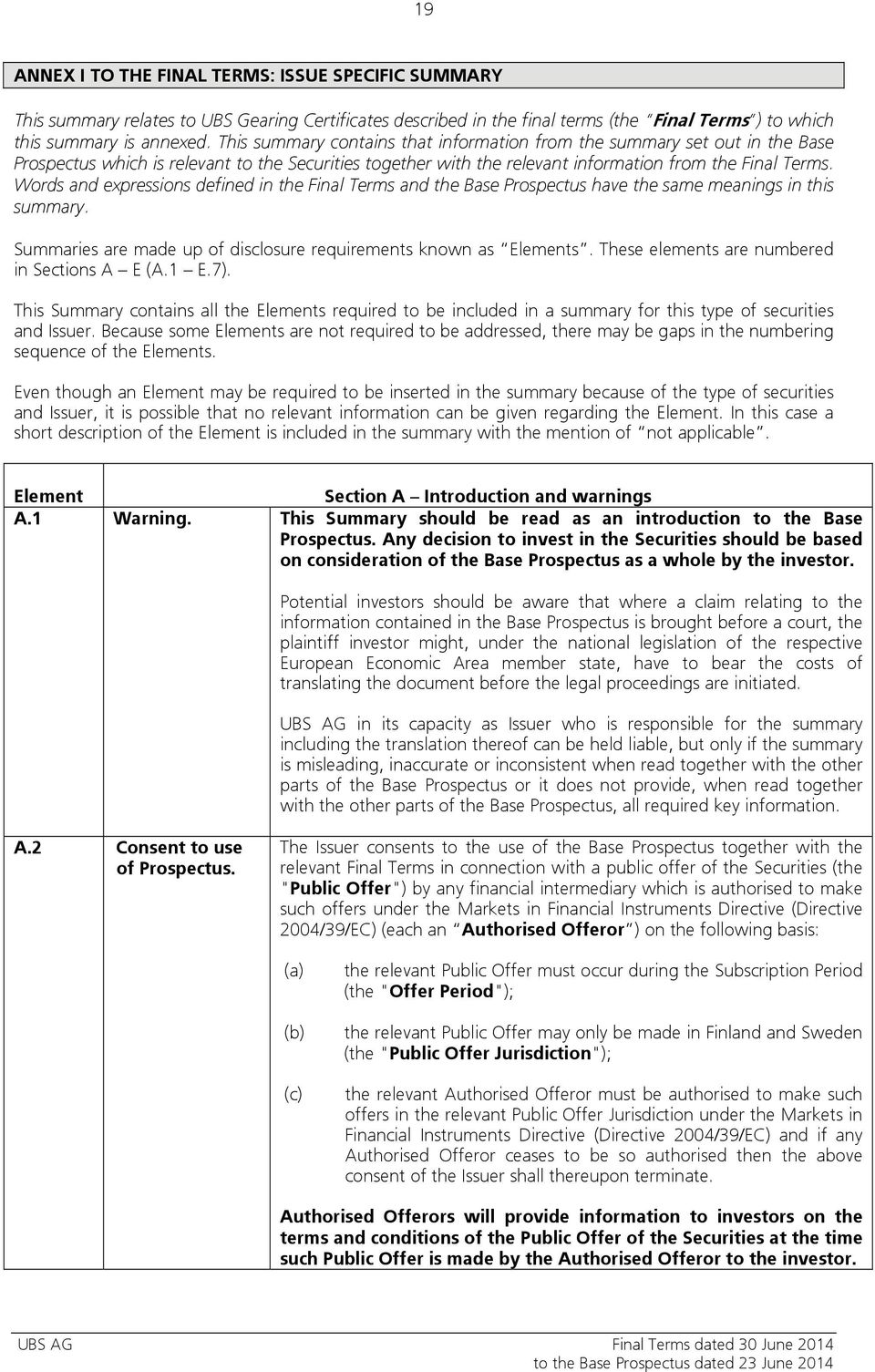 Words and expressions defined in the Final Terms and the Base Prospectus have the same meanings in this summary. Summaries are made up of disclosure requirements known as Elements.