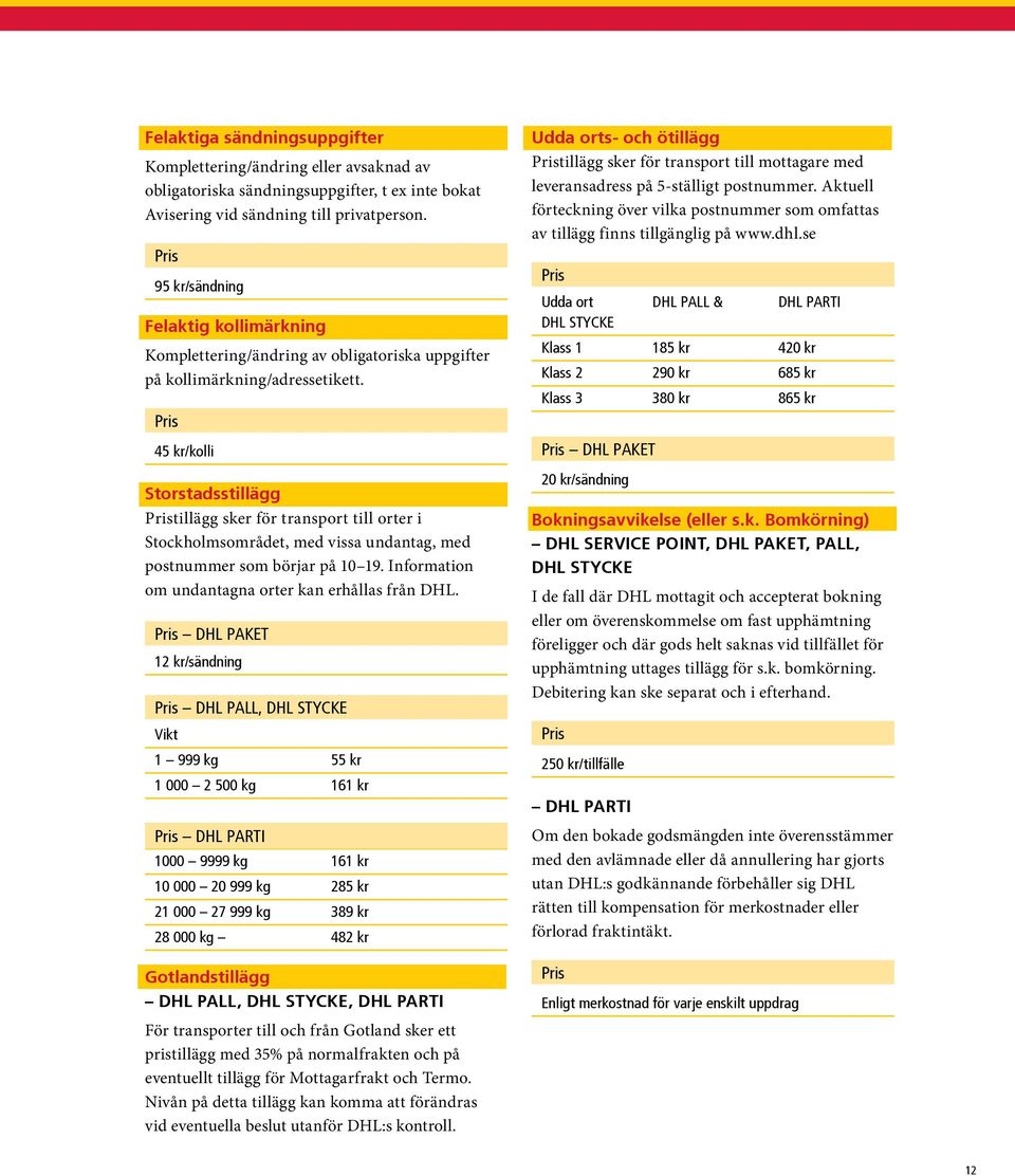 45 kr/kolli Storstadsstillägg tillägg sker för transport till orter i Stockholmsområdet, med vissa undantag, med postnummer som börjar på 10 19. Information om undantagna orter kan erhållas från DHL.