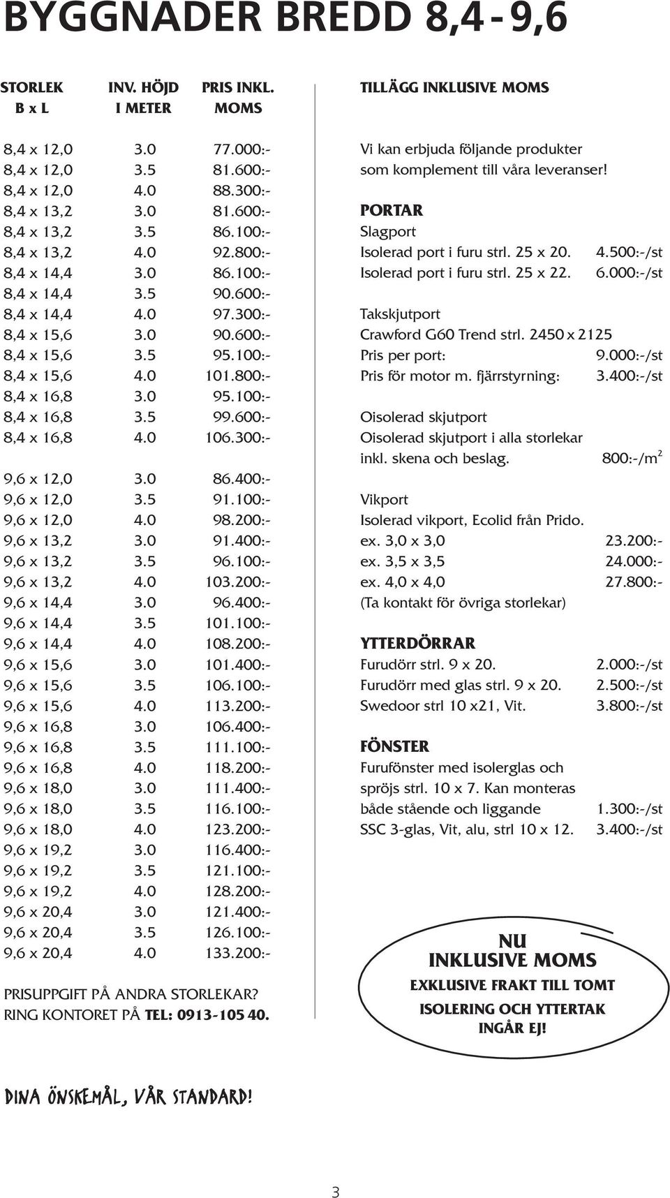 100:- 8,4 x 16,8 3.5 99.600:- 8,4 x 16,8 4.0 106.300:- 9,6 x 12,0 3.0 86.400:- 9,6 x 12,0 3.5 91.100:- 9,6 x 12,0 4.0 98.200:- 9,6 x 13,2 3.0 91.400:- 9,6 x 13,2 3.5 96.100:- 9,6 x 13,2 4.0 103.