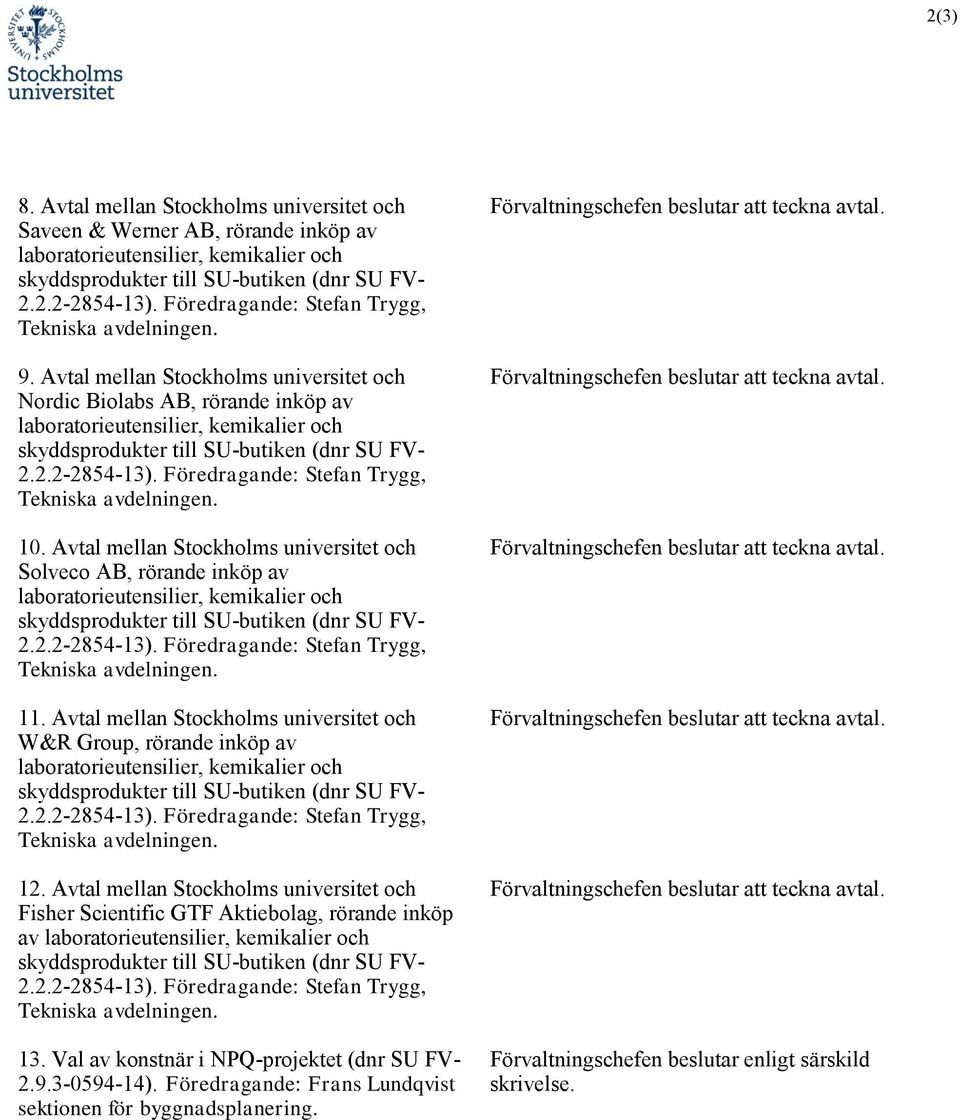 Avtal mellan Stockholms universitet och Solveco AB, rörande inköp av 2.2.2-2854-13). Föredragande: Stefan Trygg, 11. Avtal mellan Stockholms universitet och W&R Group, rörande inköp av 2.