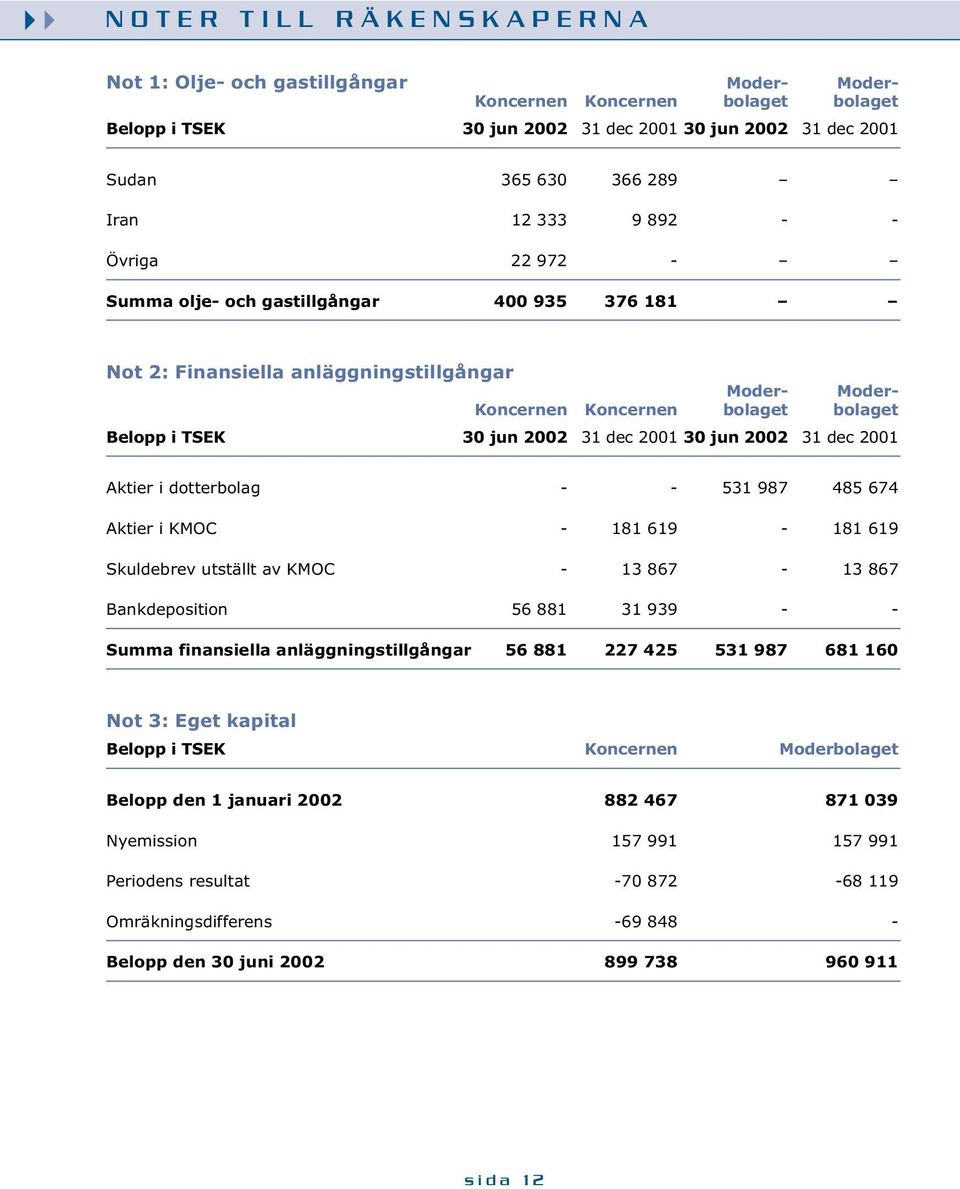 2001 30 jun 2002 31 dec 2001 Aktier i dotterbolag - - 531 987 485 674 Aktier i KMOC - 181 619-181 619 Skuldebrev utställt av KMOC - 13 867-13 867 Bankdeposition 56 881 31 939 - - Summa finansiella