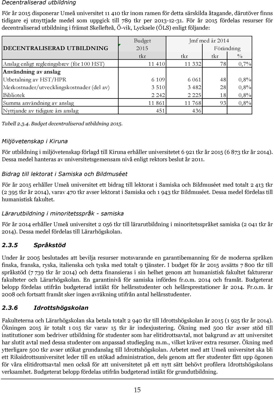 För år 2015 fördelas resurser för decentraliserad utbildning i främst Skellefteå, Ö-vik, Lycksele (ÖLS) enligt följande: Budget Jmf med år 2014 DECENTRALISERAD UTBILDNING 2015 Förändring tkr tkr tkr