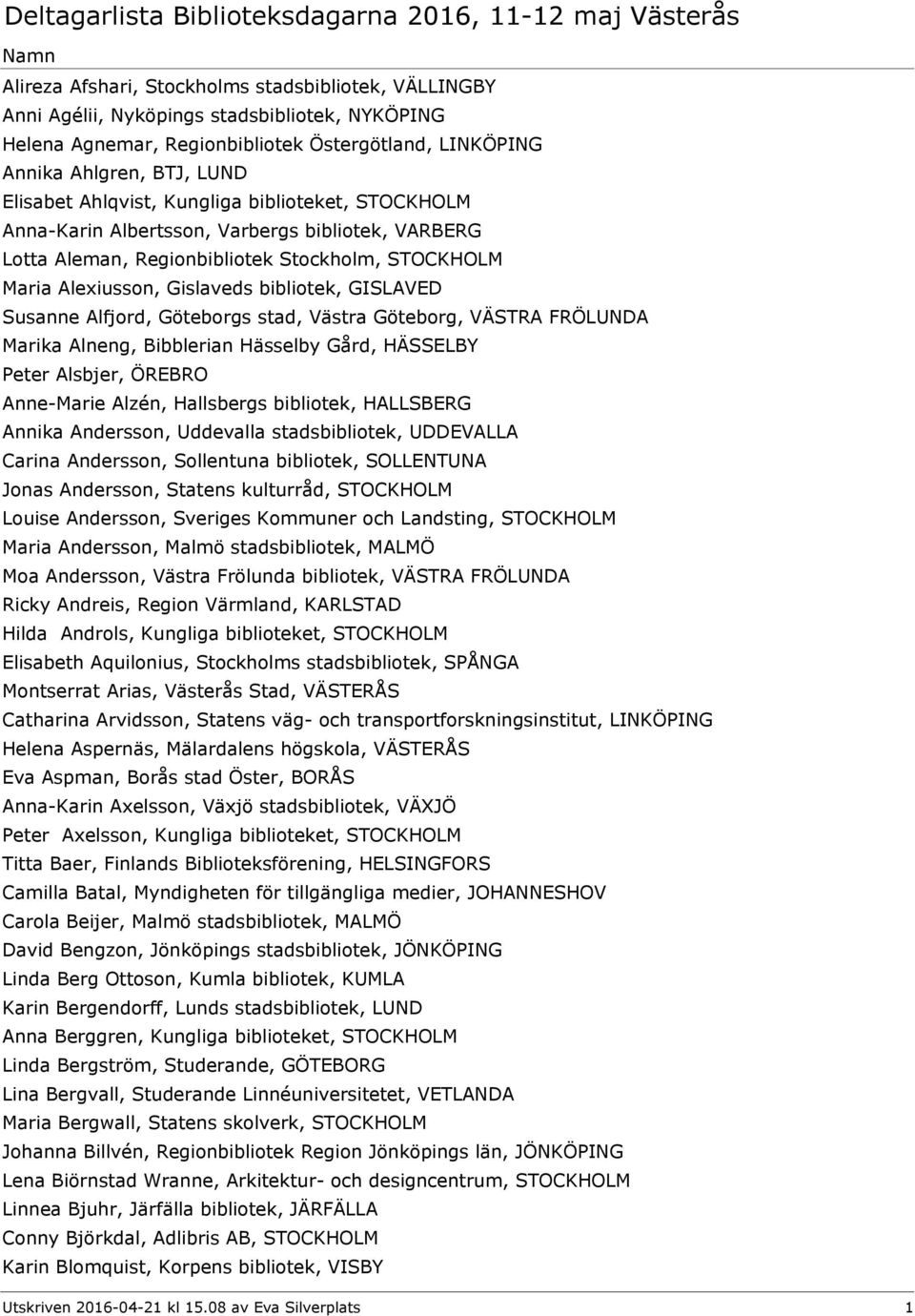 Alfjord, Göteborgs stad, Västra Göteborg, VÄSTRA FRÖLUNDA Marika Alneng, Bibblerian Hässelby Gård, HÄSSELBY Peter Alsbjer, ÖREBRO Anne-Marie Alzén, Hallsbergs bibliotek, HALLSBERG Annika Andersson,
