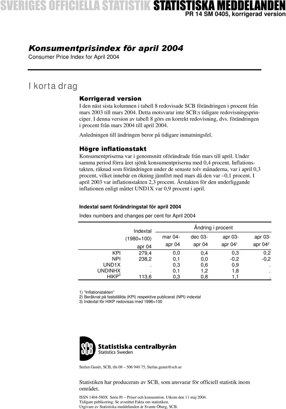 förändringen i procent från mars 2004 till april 2004. Anledningen till ändringen beror på tidigare inmatningsfel.