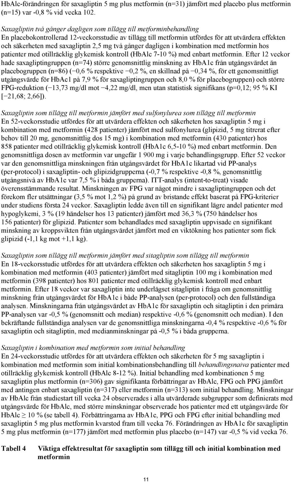 saxagliptin 2,5 mg två gånger dagligen i kombination med metformin hos patienter med otillräcklig glykemisk kontroll (HbAlc 7-10 %) med enbart metformin.