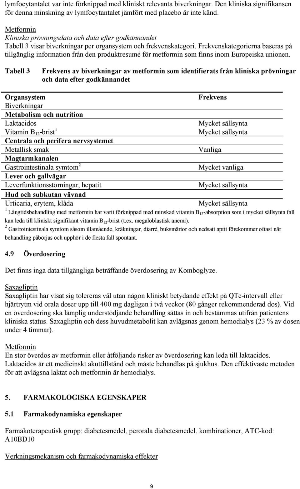 Frekvenskategorierna baseras på tillgänglig information från den produktresumé för metformin som finns inom Europeiska unionen.