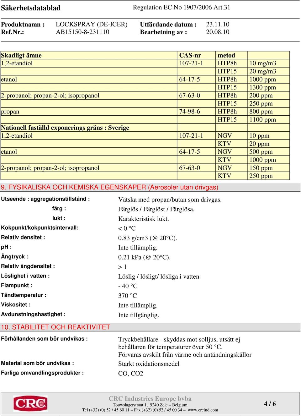 isopropanol 67-63-0 NGV 150 ppm KTV 250 ppm 9.