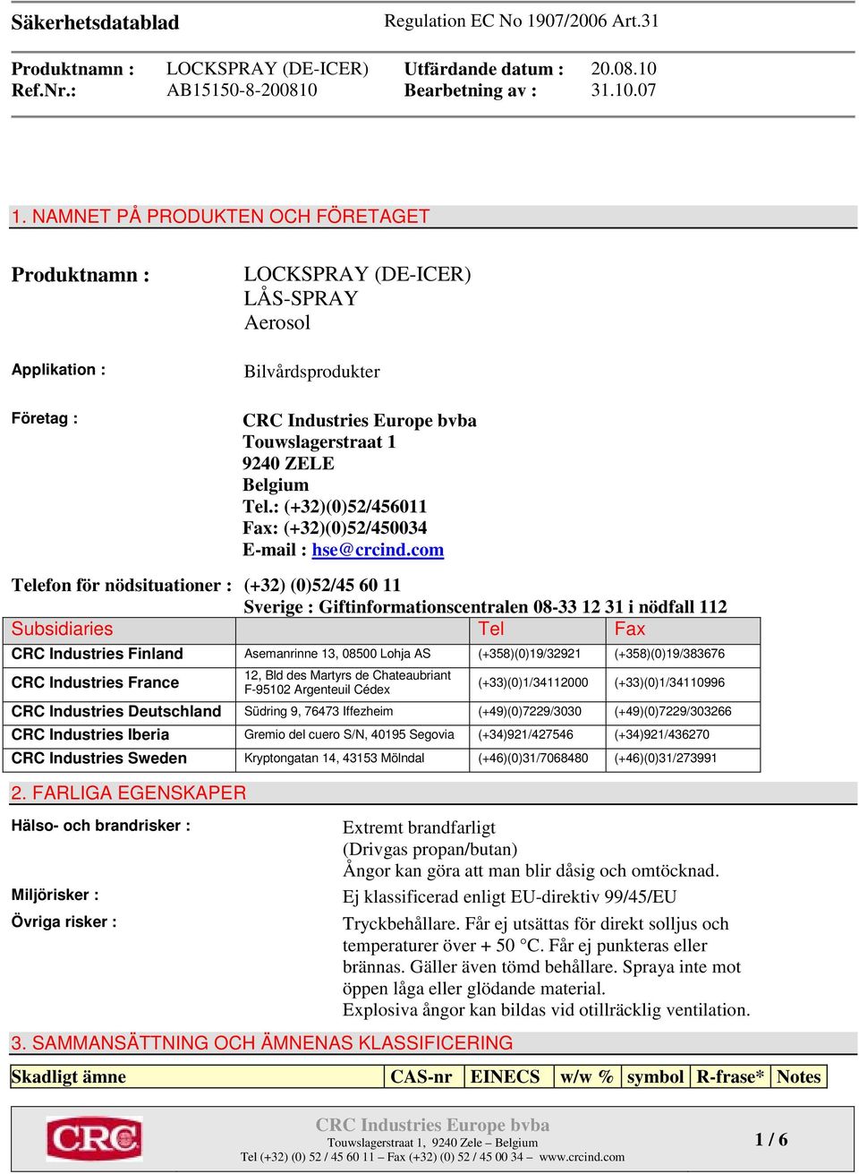 com Telefon för nödsituationer : (+32) (0)52/45 60 11 Sverige : Giftinformationscentralen 08-33 12 31 i nödfall 112 Subsidiaries Tel Fax CRC Industries Finland Asemanrinne 13, 08500 Lohja AS