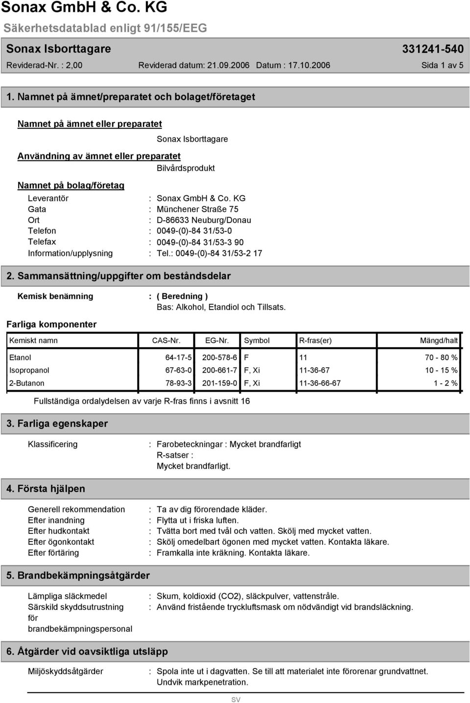 KG Gata Münchener Straße 75 Ort D-866 Neuburg/Donau Telefon 0049-(0)-84 1/5-0 Telefax 0049-(0)-84 1/5-90 Information/upplysning Tel. 0049-(0)-84 1/5-2 17 2.