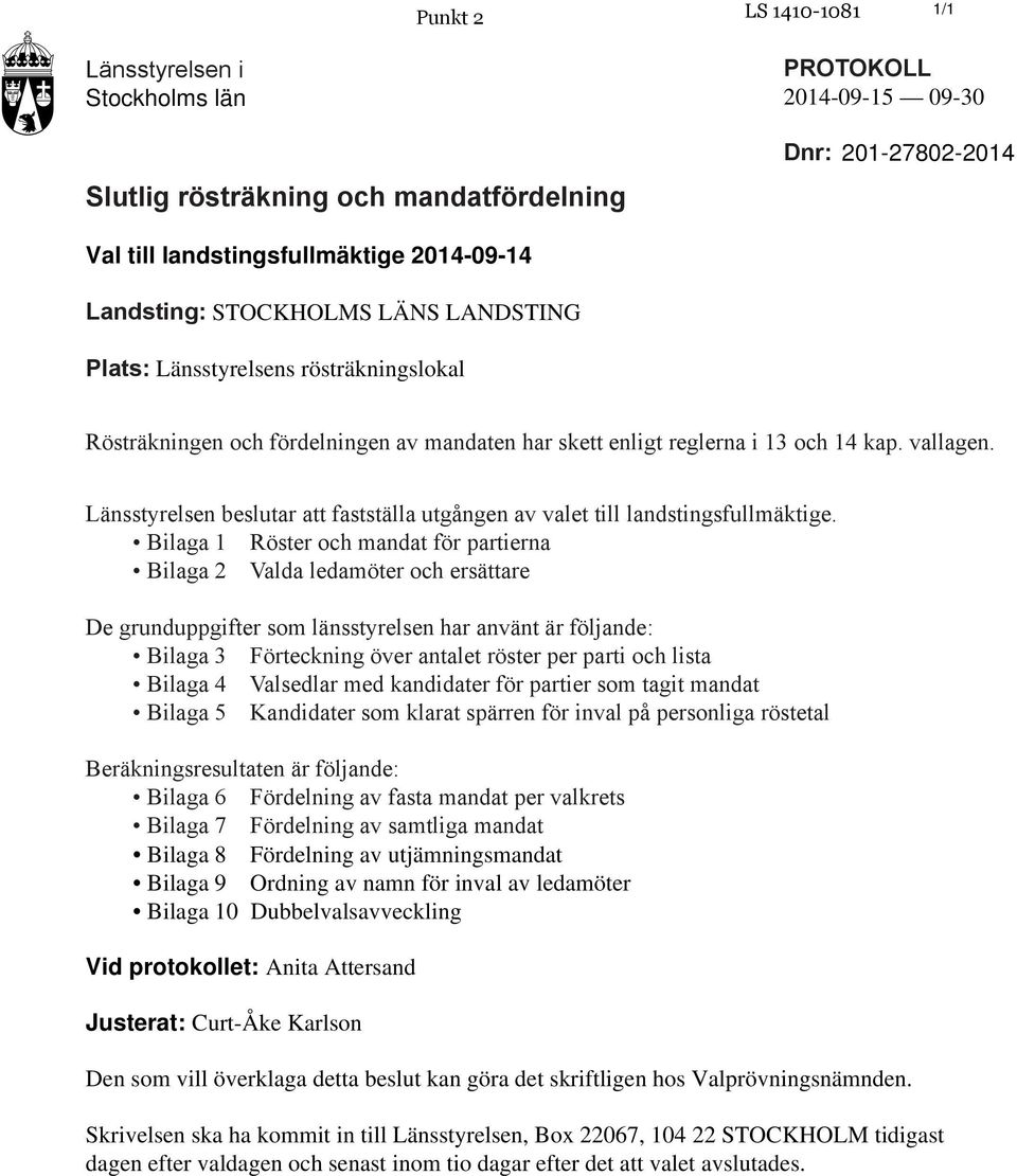 Länsstyrelsen beslutar att fastställa utgången av valet till landstingsfullmäktige.