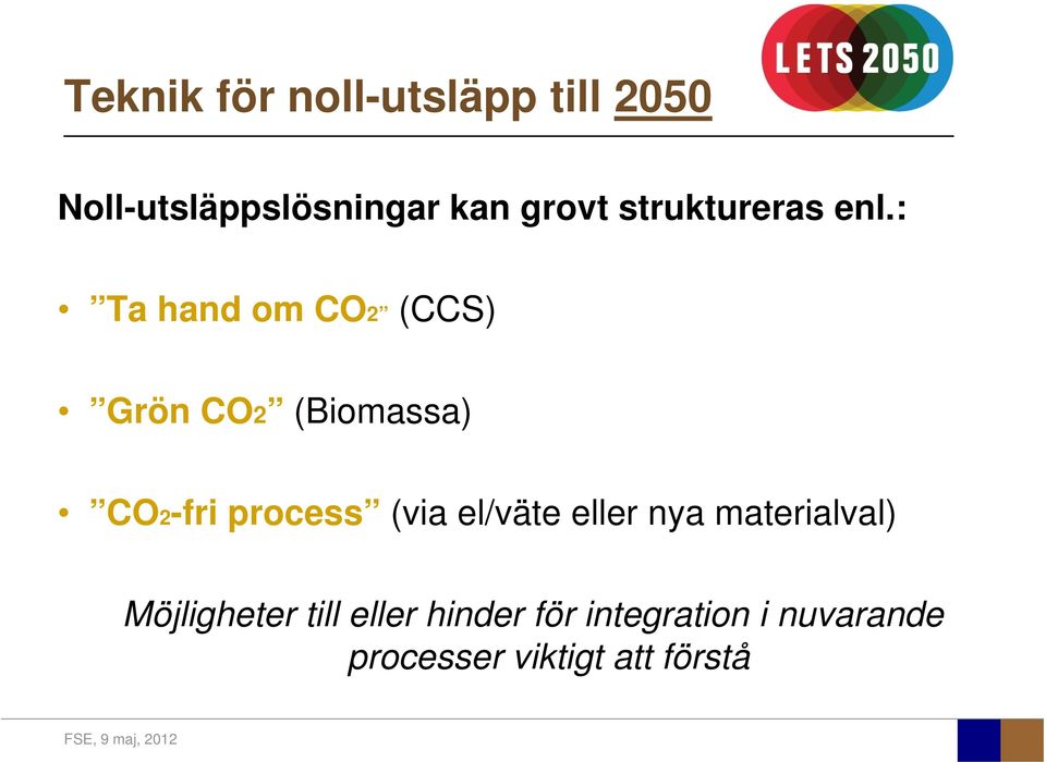 : Ta hand om CO2 (CCS) Grön CO2 (Biomassa) CO2-fri process (via