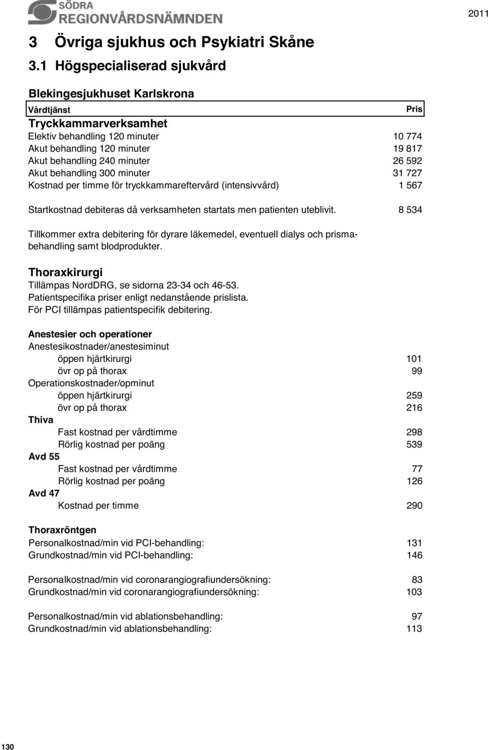 31 727 Kostnad per timme för tryckkammareftervård (intensivvård) 1 567 Startkostnad debiteras då verksamheten startats men patienten uteblivit.