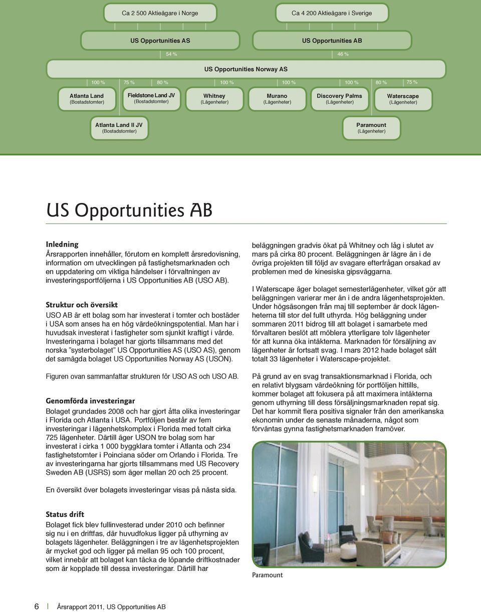 (Lägenheter) US Opportunities AB Inledning Årsrapporten innehåller, förutom en komplett årsredovisning, information om utvecklingen på fastighetsmarknaden och en uppdatering om viktiga händelser i