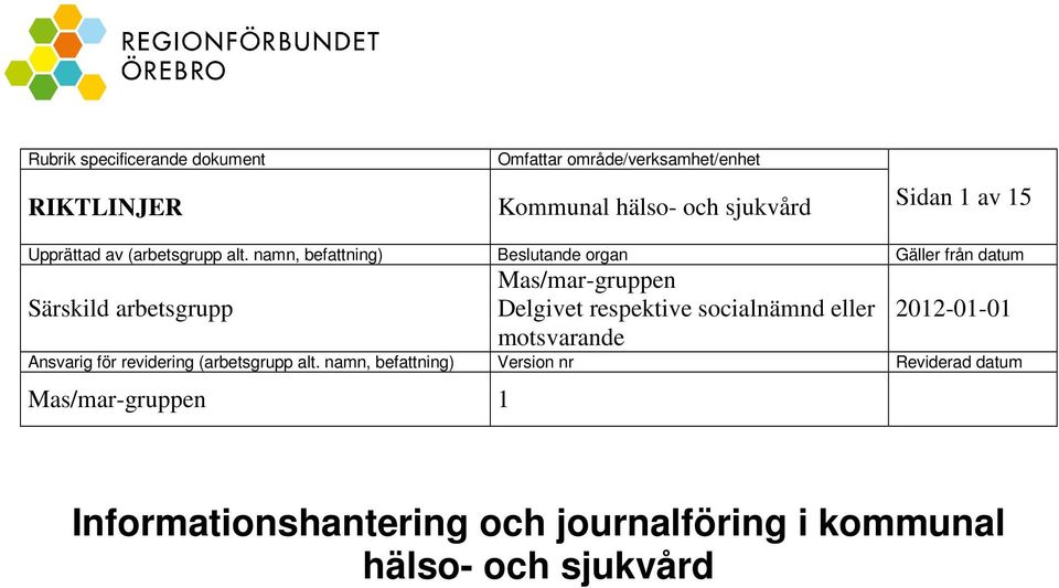 namn, befattning) Beslutande organ Gäller från datum Särskild arbetsgrupp Mas/mar-gruppen Delgivet respektive