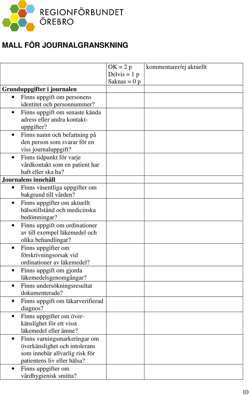 Journalens innehåll Finns väsentliga uppgifter om bakgrund till vården? Finns uppgifter om aktuellt hälsotillstånd och medicinska bedömningar?