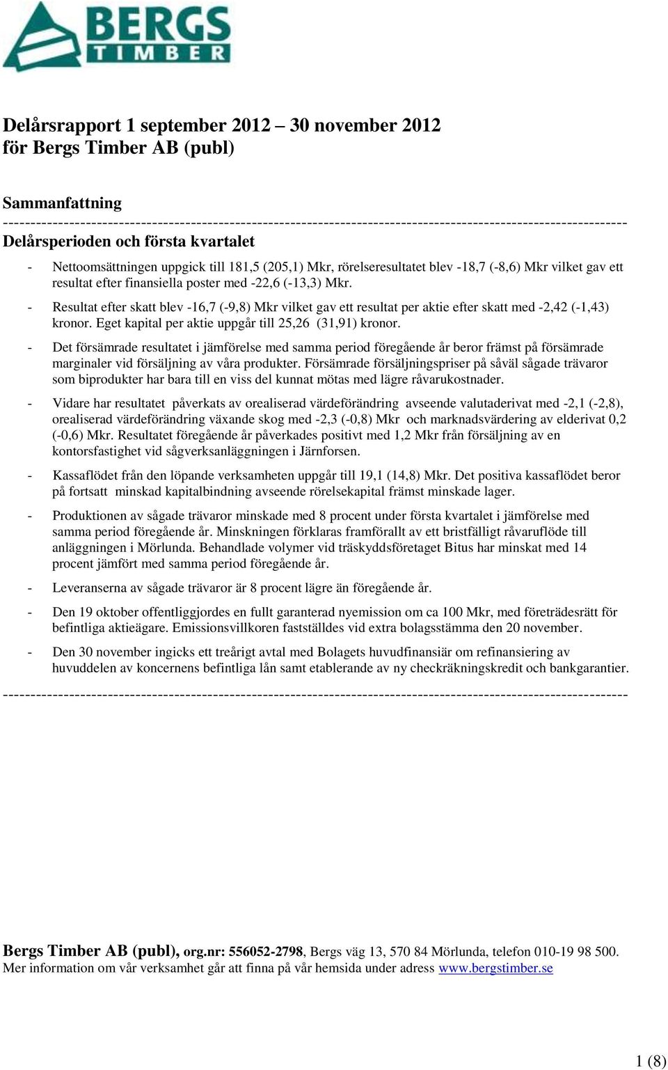 Mkr, rörelseresultatet blev -18,7 (-8,6) Mkr vilket gav ett resultat efter finansiella poster med -22,6 (-13,3) Mkr.