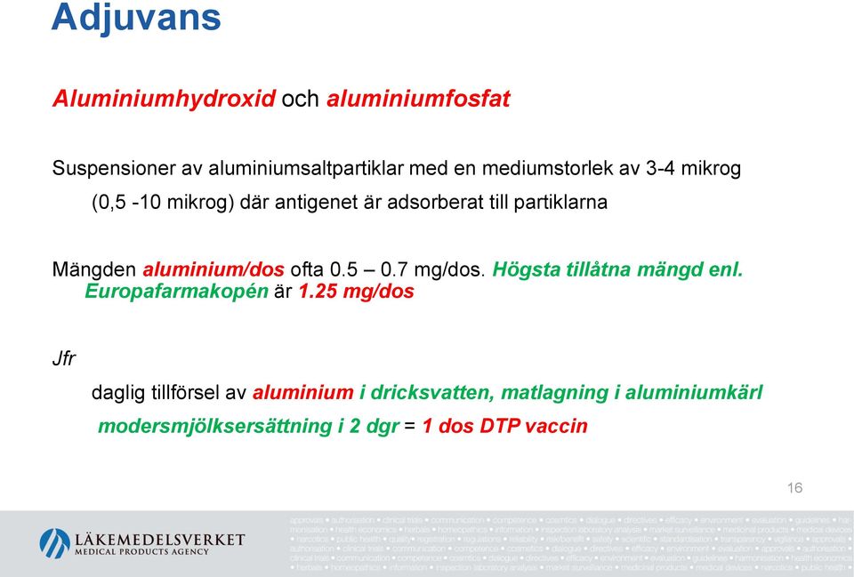 aluminium/dos ofta 0.5 0.7 mg/dos. Högsta tillåtna mängd enl. Europafarmakopén är 1.