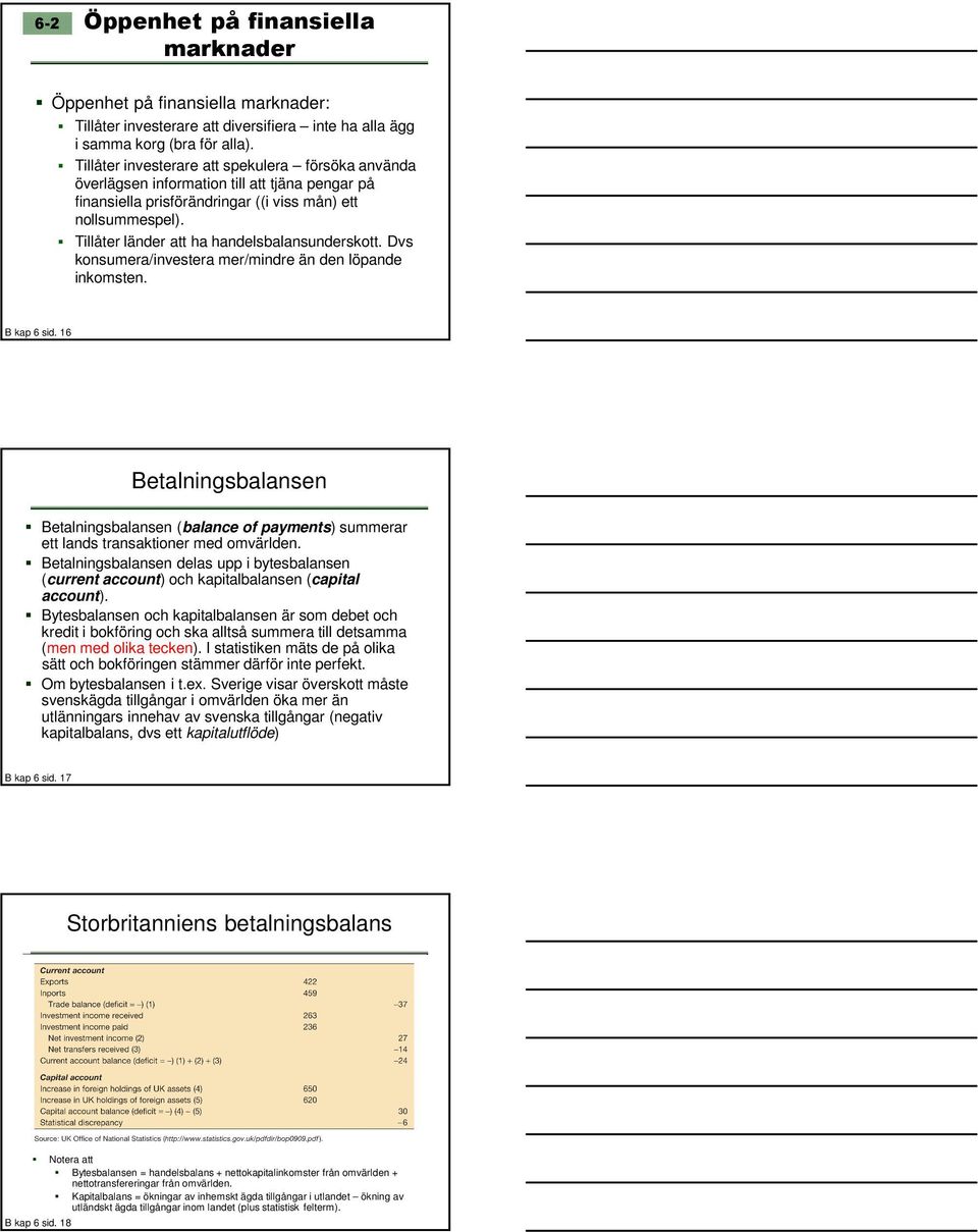 Dvs konsumra/nvsra mr/mndr än dn löpand nkomsn. B kap 6 sd. 16 Balnngsbalansn Balnngsbalansn (balanc of paymns) summrar lands ransakonr md omvärldn.