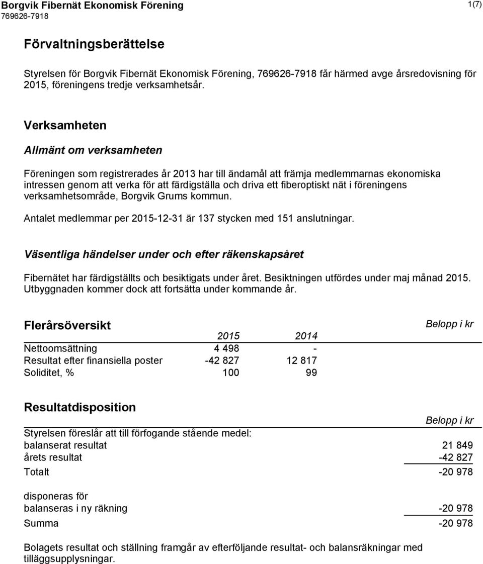 nät i föreningens verksamhetsområde, Borgvik Grums kommun. Antalet medlemmar per 2015-12-31 är 137 stycken med 151 anslutningar.