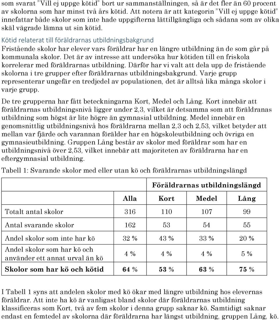 Kötid relaterat till föräldrarnas utbildningsbakgrund Fristående skolor har elever vars föräldrar har en längre utbildning än de som går på kommunala skolor.