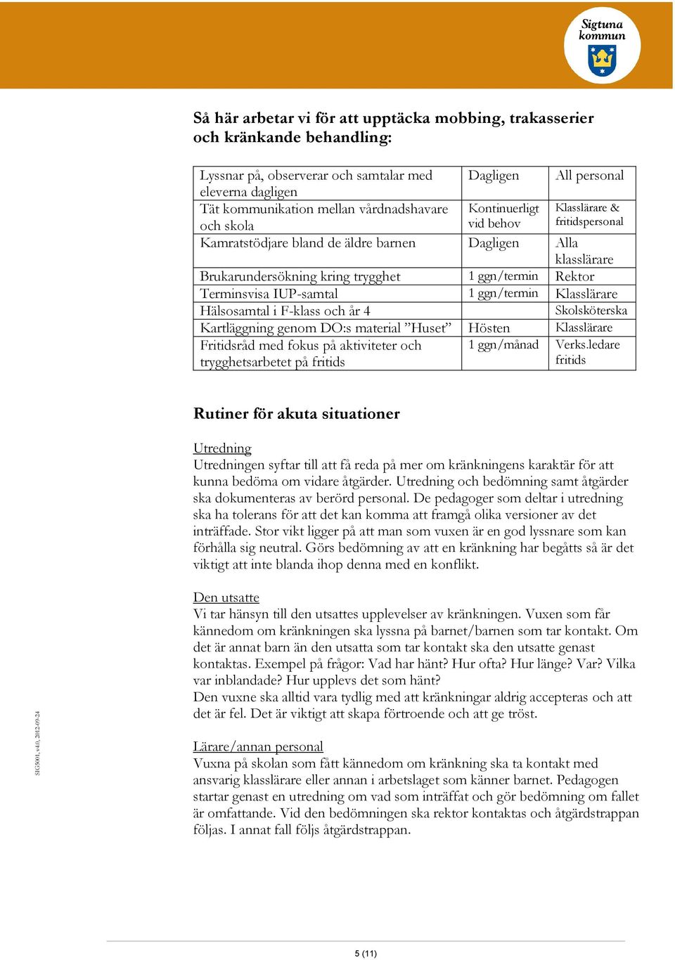 Terminsvisa IUP-samtal 1 ggn/termin Klasslärare Hälsosamtal i F-klass och år 4 Skolsköterska Kartläggning genom DO:s material Huset Hösten Klasslärare Fritidsråd med fokus på aktiviteter och