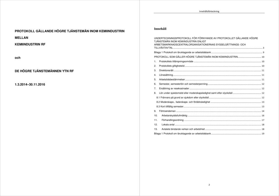 .. 3 Bilaga 1 Protokoll om ibruktagande av arbetstidsbank... 9 PROTOKOLL SOM GÄLLER HÖGRE TJÄNSTEMÄN INOM KEMIINDUSTRIN... 10 1. Protokollets tillämpningsområde... 10 2. Protokollets giltighetstid.