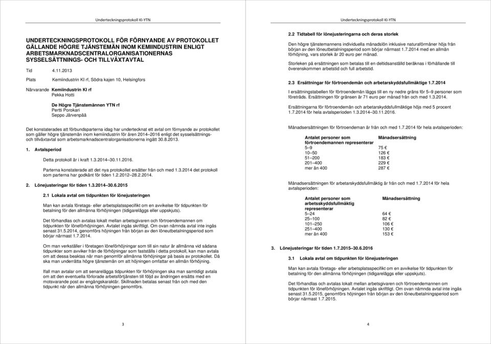 2013 Plats Kemiindustrin KI rf, Södra kajen 10, Helsingfors Närvarande Kemiindustrin KI rf Pekka Hotti De Högre Tjänstemännen YTN rf Pertti Porokari Seppo Järvenpää Det konstaterades att