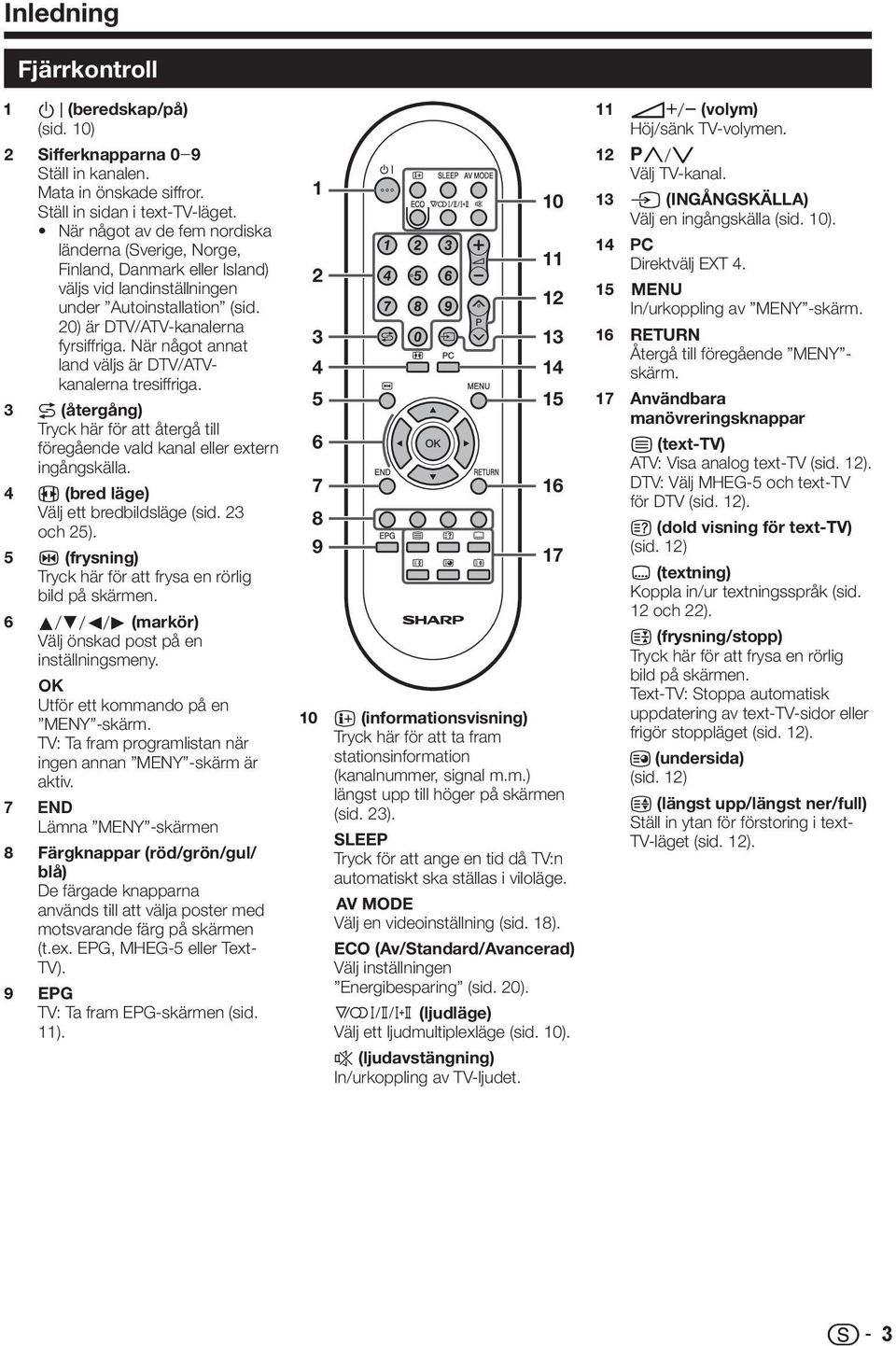 När något annat land väljs är DTV/ATVkanalerna tresiffriga. A (återgång) Tryck här för att återgå till föregående vald kanal eller extern ingångskälla. f (bred läge) Välj ett bredbildsläge (sid.