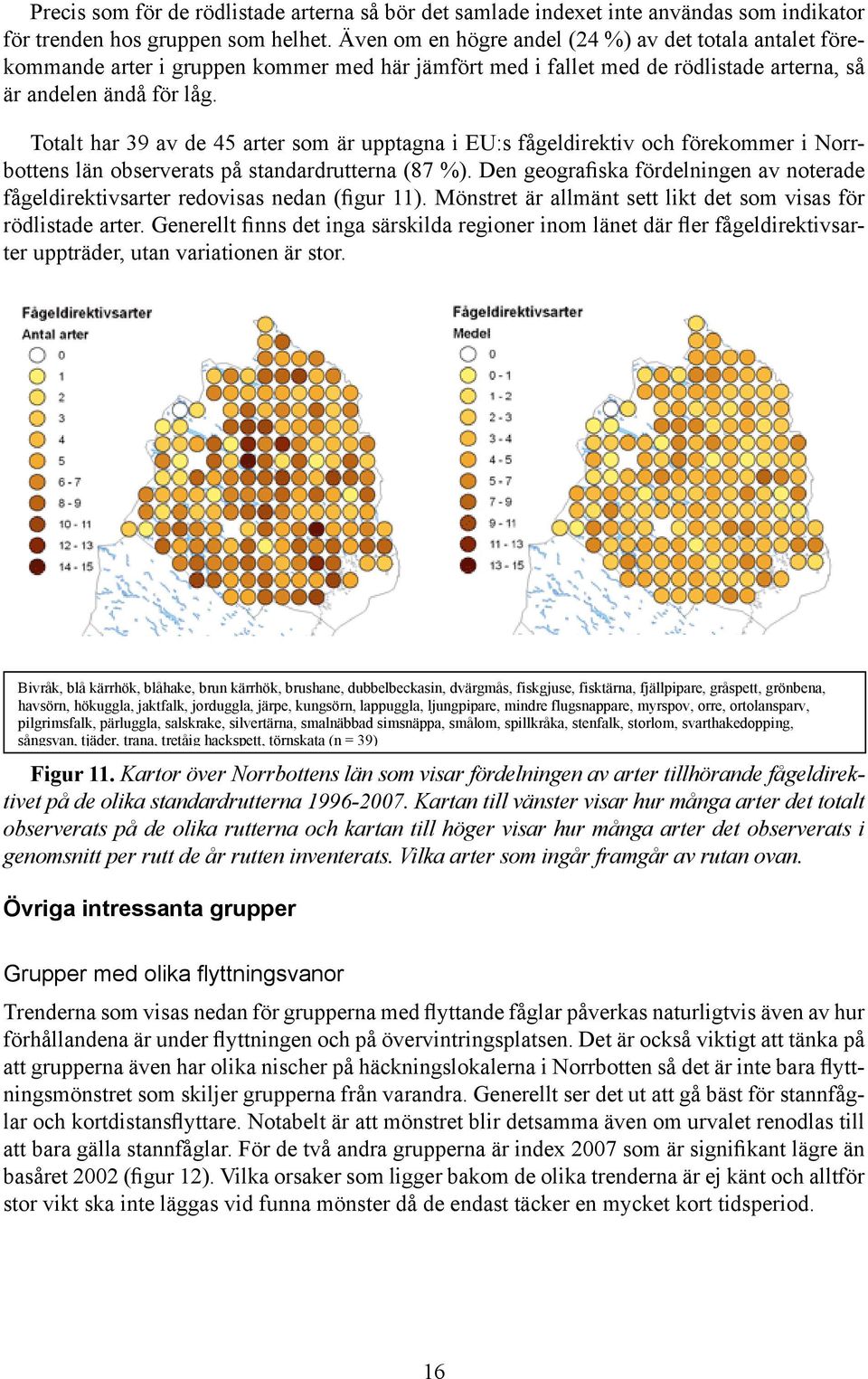 Totalt har 39 av de 45 arter som är upptagna i EU:s fågeldirektiv och förekommer i Norrbottens län observerats på standardrutterna (87 %).