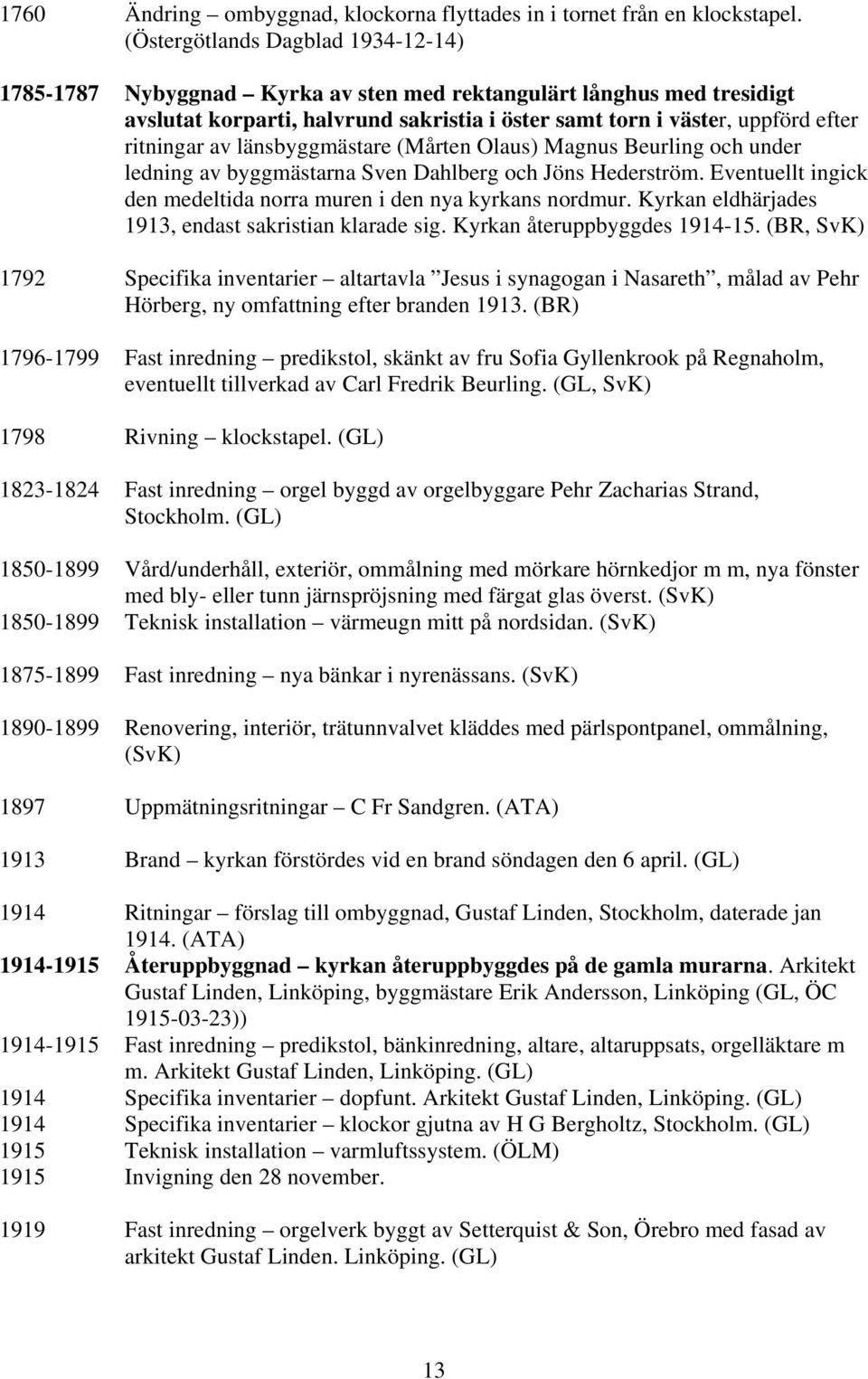 av länsbyggmästare (Mårten Olaus) Magnus Beurling och under ledning av byggmästarna Sven Dahlberg och Jöns Hederström. Eventuellt ingick den medeltida norra muren i den nya kyrkans nordmur.