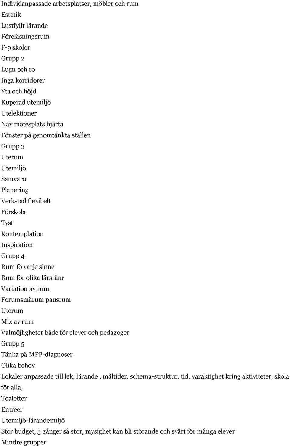 Variation av rum Forumsmårum pausrum Uterum Mix av rum Valmöjligheter både för elever och pedagoger Grupp 5 Tänka på MPF-diagnoser Olika behov Lokaler anpassade till lek, lärande, måltider,