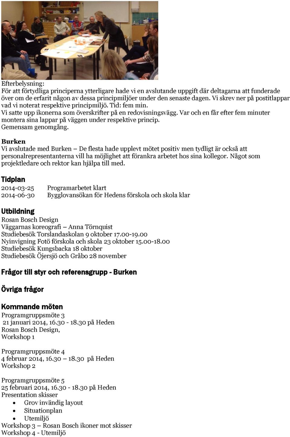 Var och en får efter fem minuter montera sina lappar på väggen under respektive princip. Gemensam genomgång.