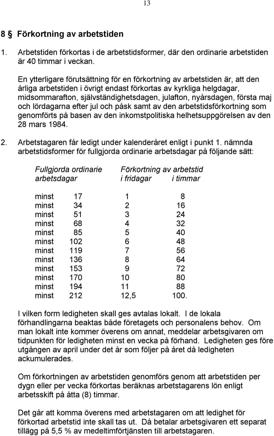 nyårsdagen, första maj och lördagarna efter jul och påsk samt av den arbetstidsförkortning som genomförts på basen av den inkomstpolitiska helhetsuppgörelsen av den 28