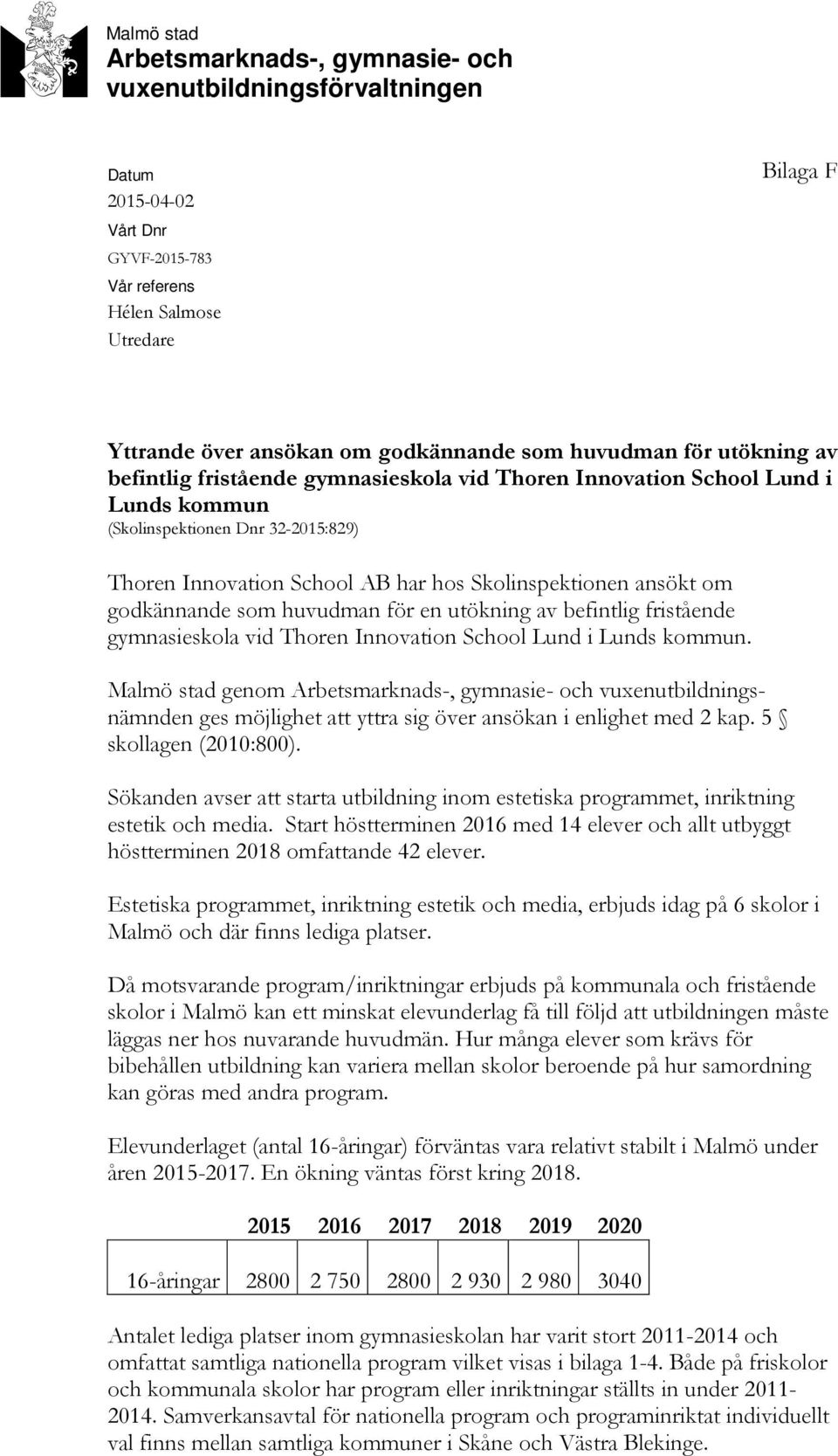 ansökt om godkännande som huvudman för en utökning av befintlig fristående gymnasieskola vid Thoren Innovation School Lund i Lunds kommun.