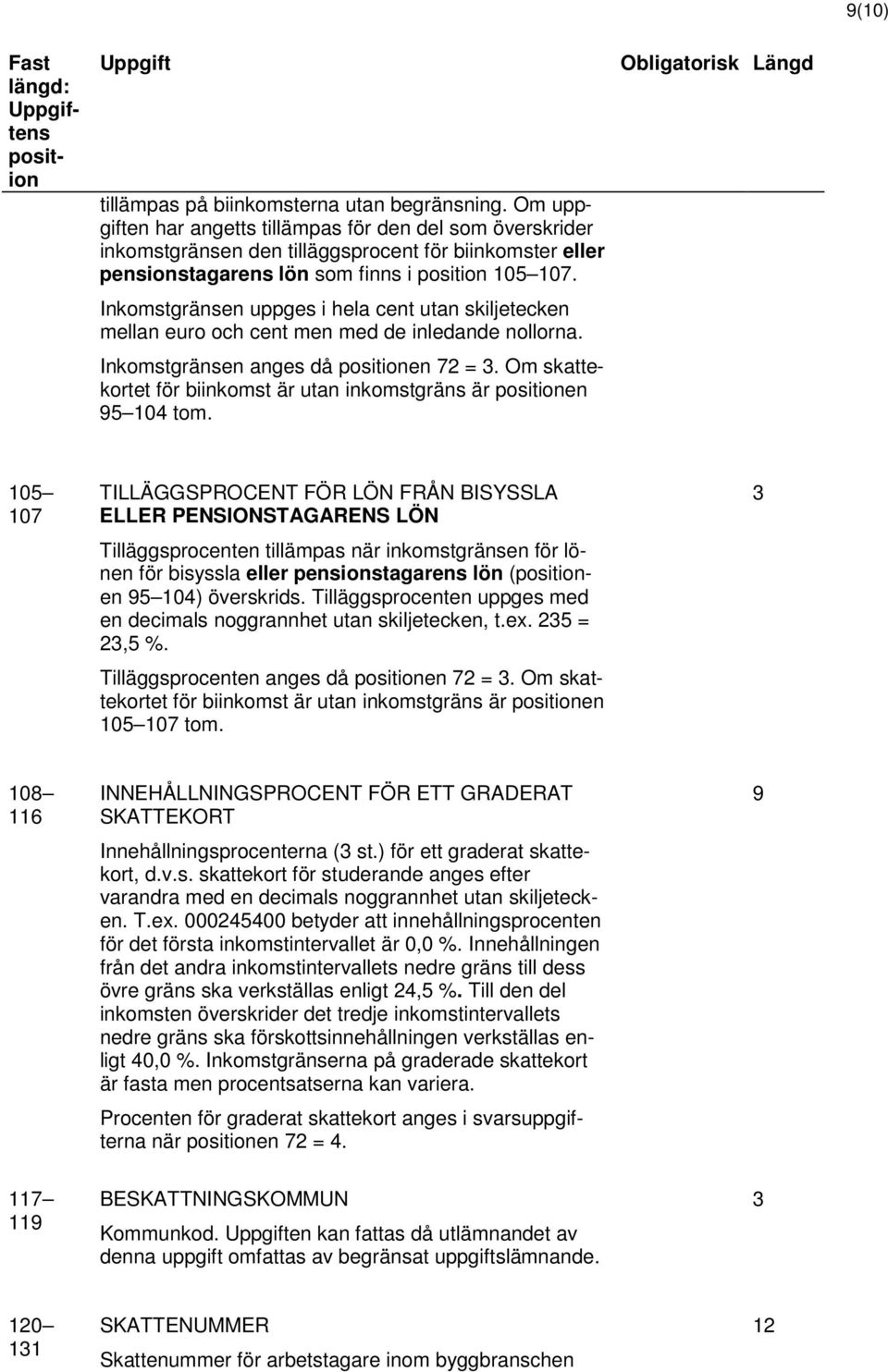 Inkomstgränsen uppges i hela cent utan skiljetecken mellan euro och cent men med de inledande nollorna. Inkomstgränsen anges då en 72 =.