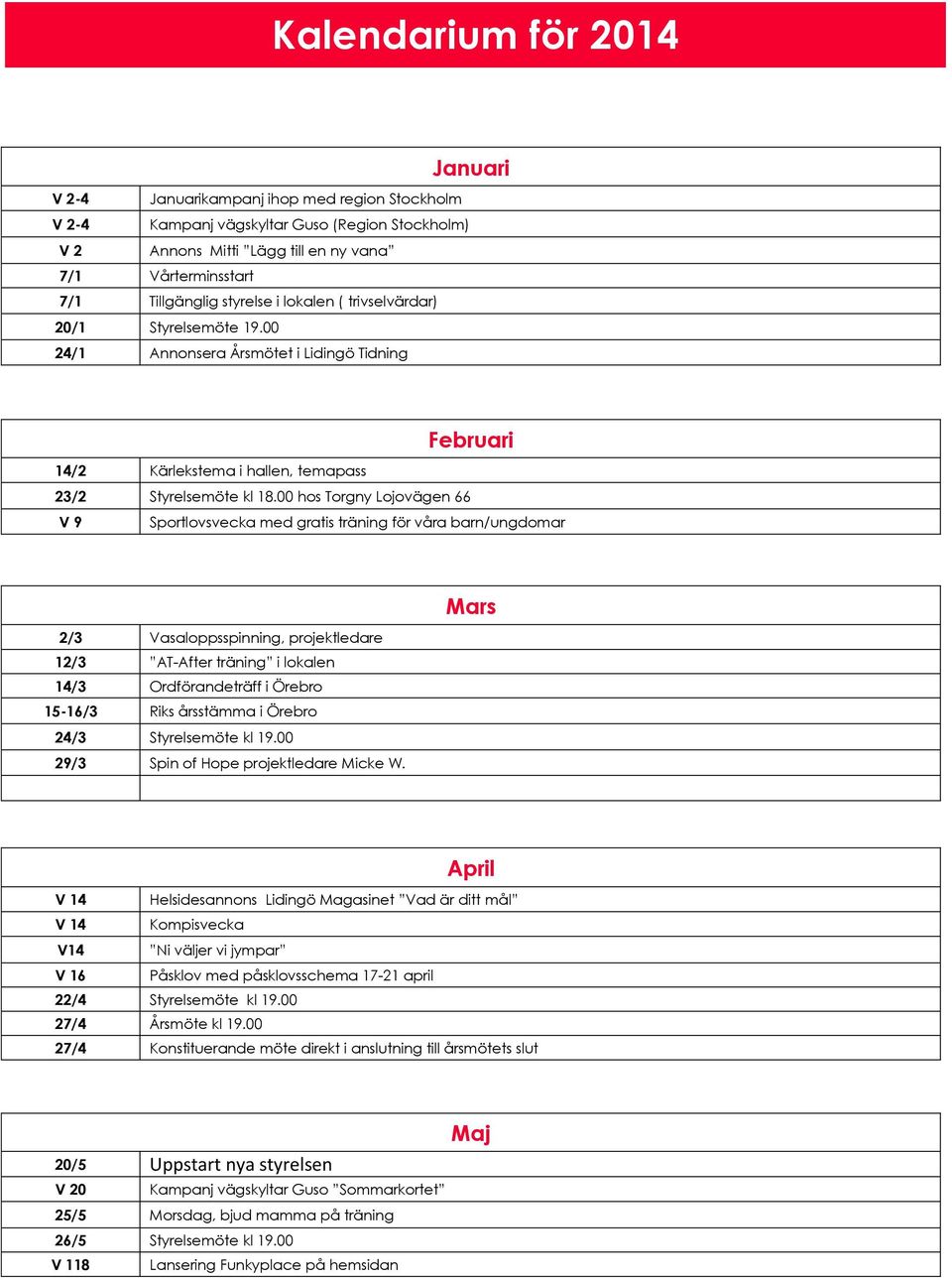 00 hos Torgny Lojovägen 66 V 9 Sportlovsvecka med gratis träning för våra barn/ungdomar 2/3 Vasaloppsspinning, projektledare 12/3 AT-After träning i lokalen 14/3 Ordförandeträff i Örebro 15-16/3 Riks