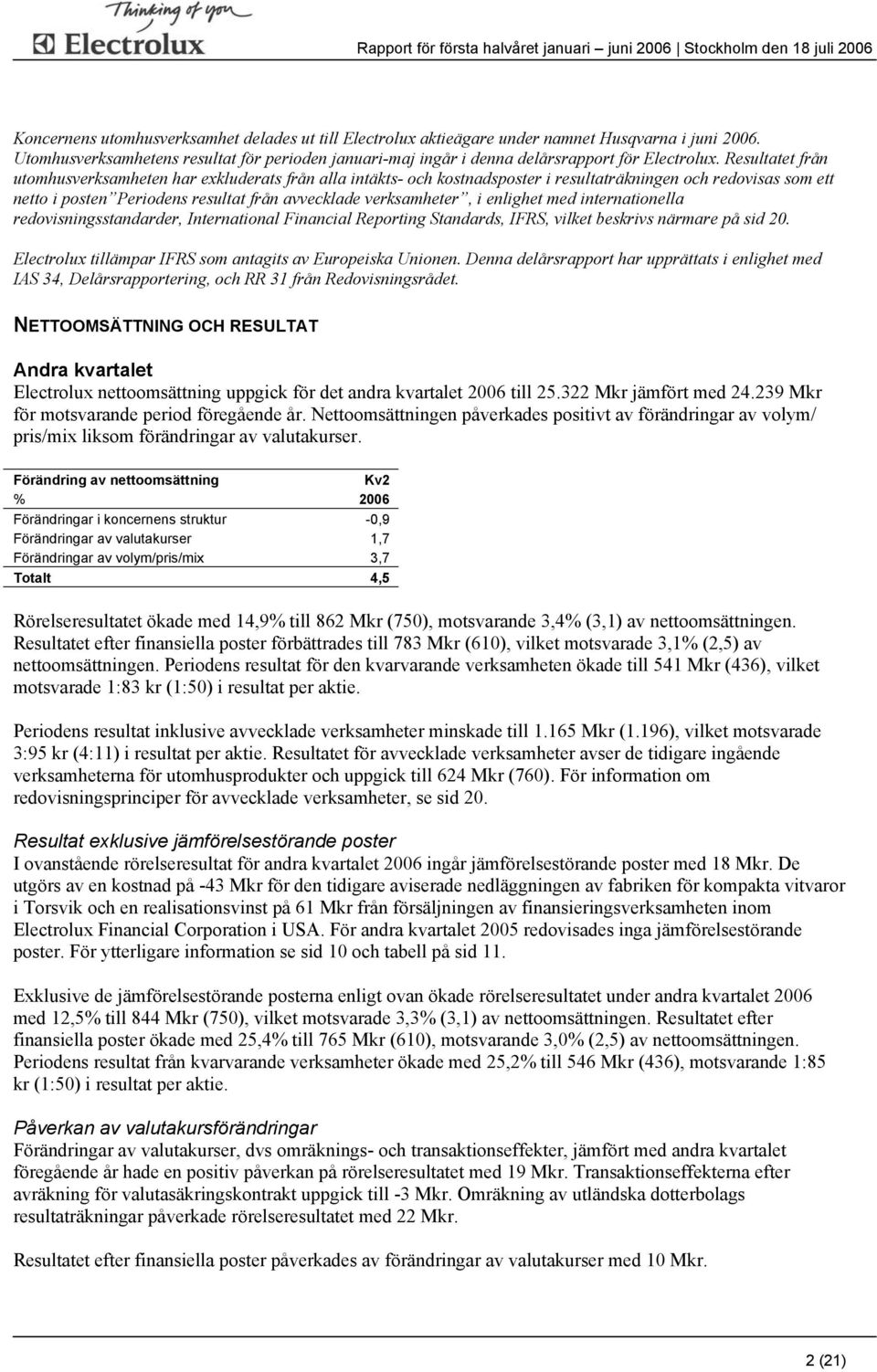 Resultatet från utomhusverksamheten har exkluderats från alla intäkts- och kostnadsposter i resultaträkningen och redovisas som ett netto i posten Periodens resultat från avvecklade verksamheter, i