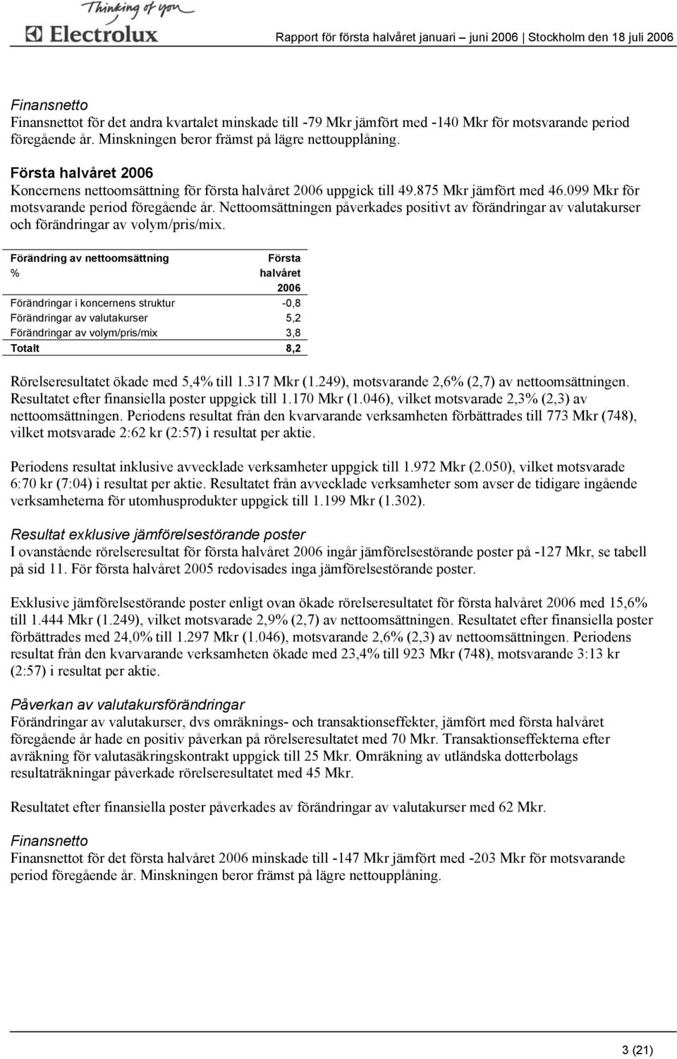 Nettoomsättningen påverkades positivt av förändringar av valutakurser och förändringar av volym/pris/mix.