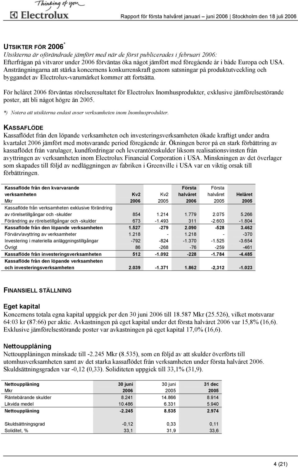 Ansträngningarna att stärka koncernens konkurrenskraft genom satsningar på produktutveckling och byggandet av Electrolux-varumärket kommer att fortsätta.