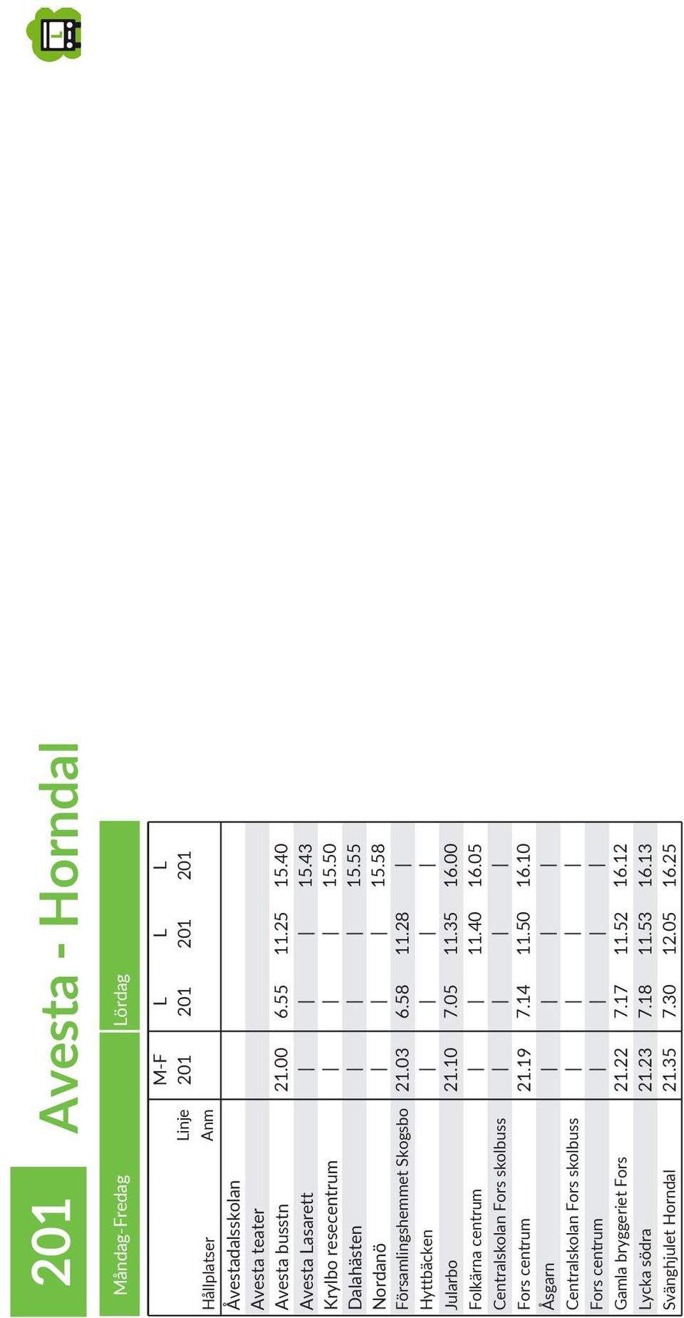 Fors Lycka södra Svänghjulet Horndal M-F L L L Linje 201 201 201 201 Anm 21.00 21.03 21.10 21.19 21.22 21.23 21.35 6.55 6.58 7.