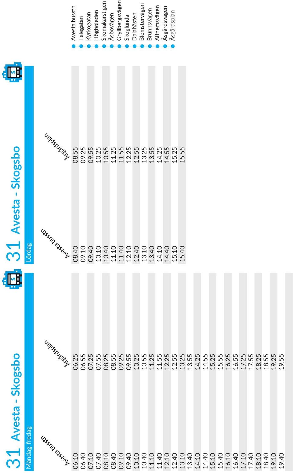 40 19.55 31 Avesta - Skogsbo Lördag Åsgårdsplan 08.40 08.55 09.10 09.25 09.40 09.55 10.10 10.25 10.40 10.55 11.10 11.25 11.40 11.55 12.10 12.25 12.40 12.55 13.10 13.25 13.40 13.55 14.10 14.
