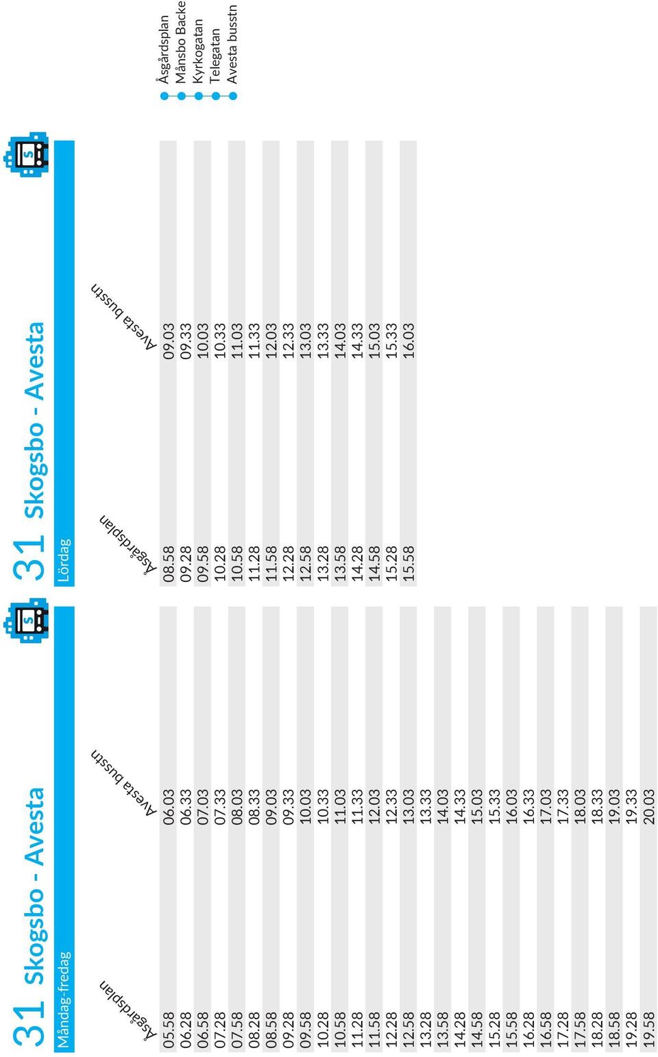 28 17.33 17.58 18.03 18.28 18.33 18.58 19.03 19.28 19.33 19.58 20.03 31 Skogsbo - Avesta Lördag Åsgårdsplan 08.58 09.03 09.28 09.33 09.58 10.03 10.28 10.33 10.58 11.