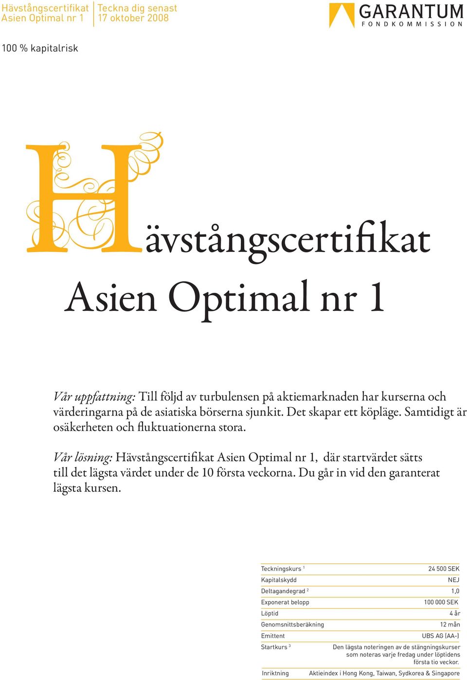 Vår lösning: Hävstångscertifikat Asien Optimal nr 1, där startvärdet sätts till det lägsta värdet under de 10 första veckorna. Du går in vid den garanterat lägsta kursen.
