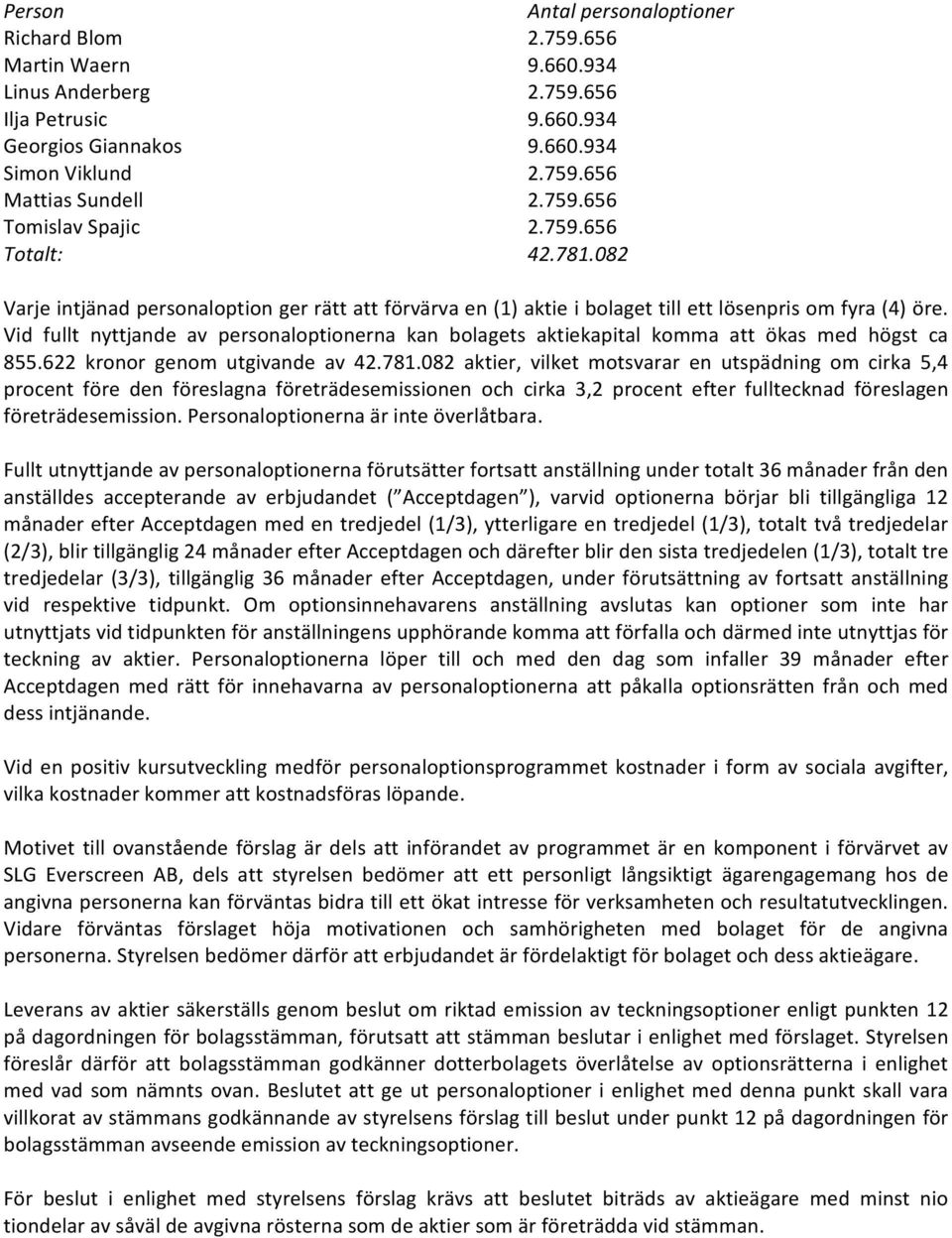 Vid fullt nyttjande av personaloptionerna kan bolagets aktiekapital komma att ökas med högst ca 855.622 kronor genom utgivande av 42.781.