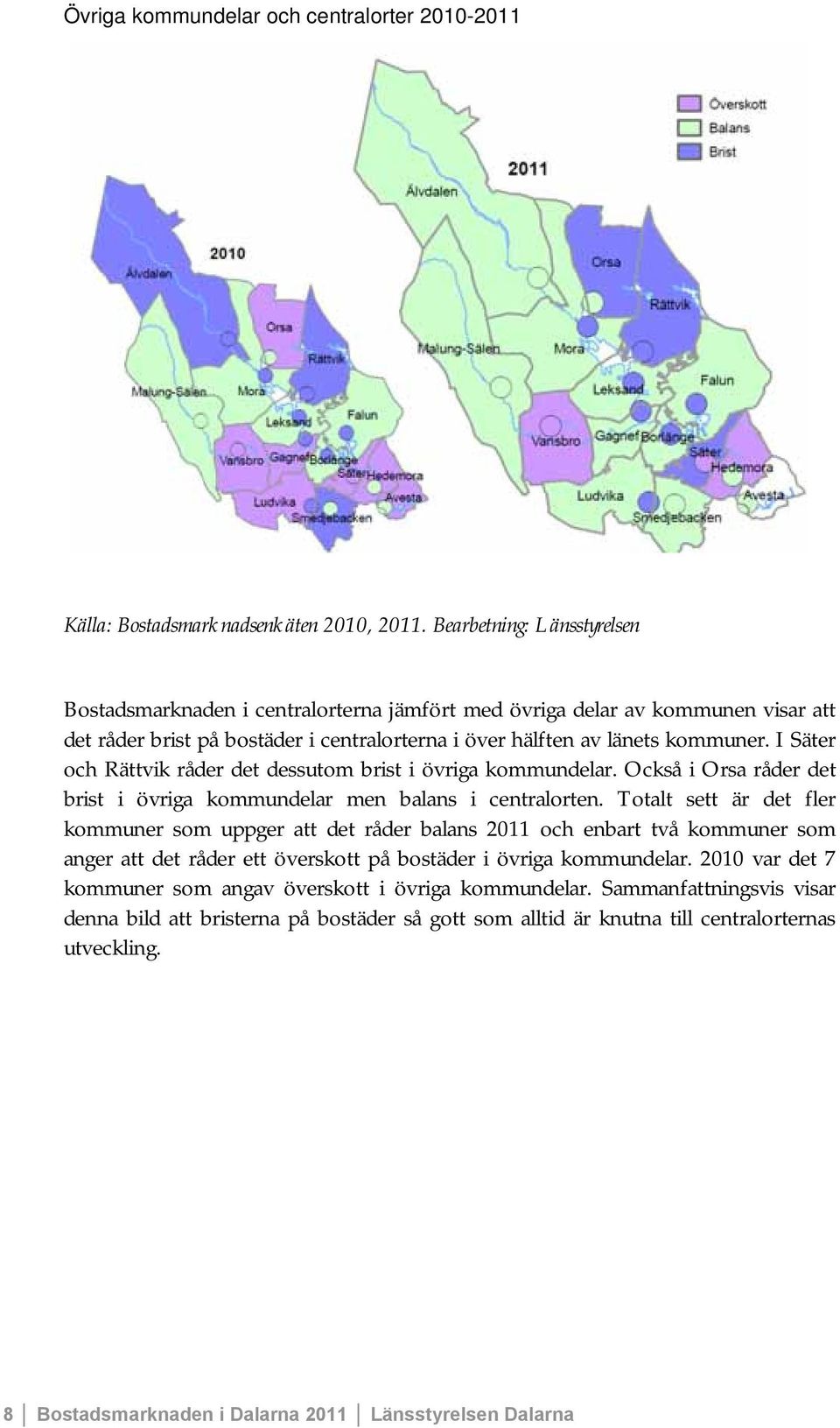 I Säter och Rättvik råder det dessutom brist i övriga kommundelar. Också i Orsa råder det brist i övriga kommundelar men balans i centralorten.