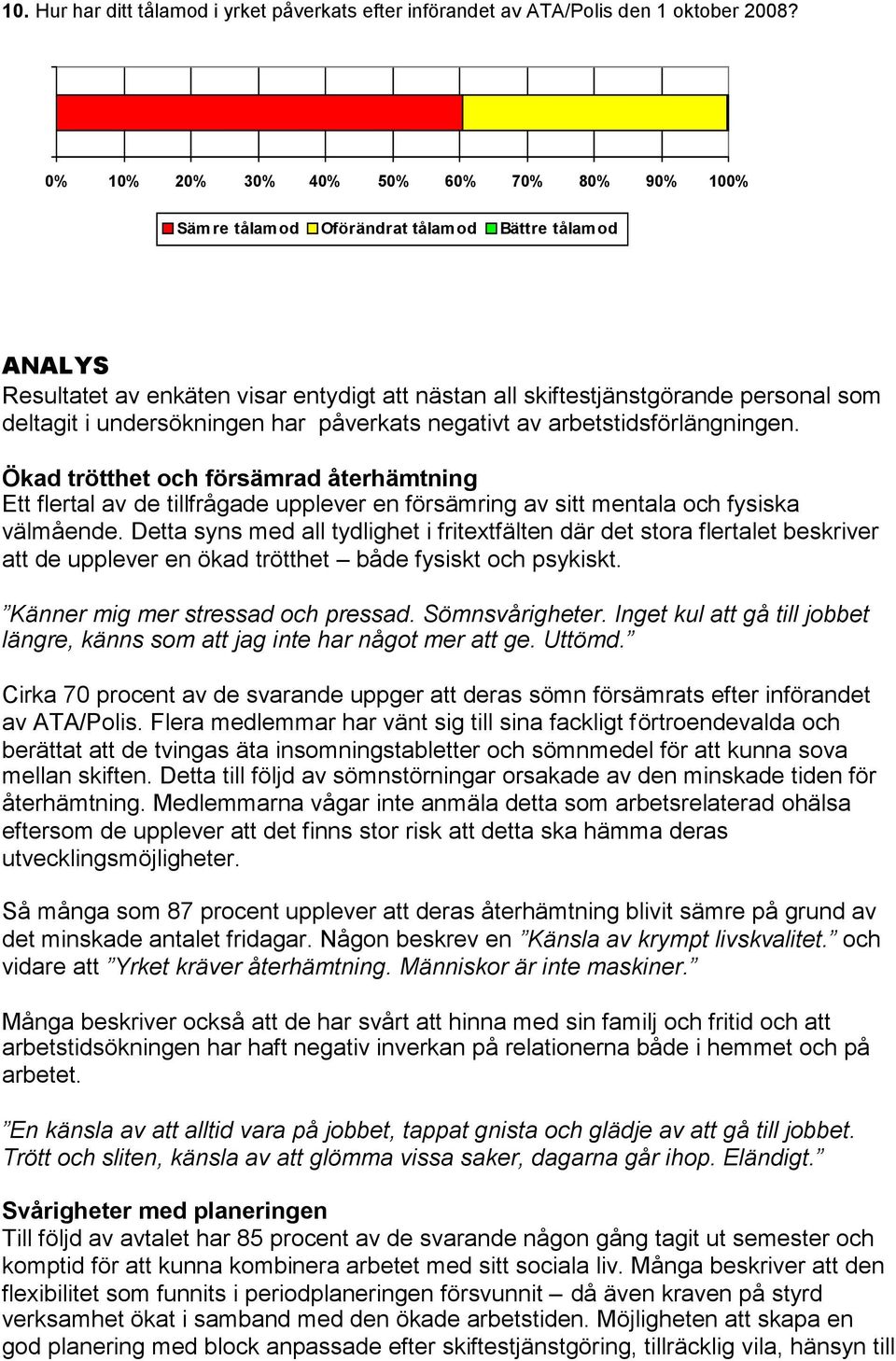 arbetstidsförlängningen. Ökad trötthet och försämrad återhämtning Ett flertal av de tillfrågade upplever en försämring av sitt mentala och fysiska välmående.